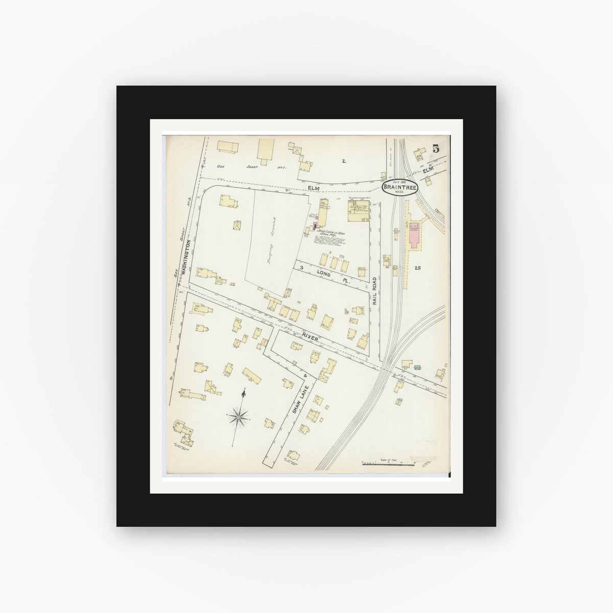 Old map wall art mockup — black gallery frame with white mat — Sanborn Fire Insurance Map from Braintree, Norfolk County, Massachusetts (1891), Sheet #0005