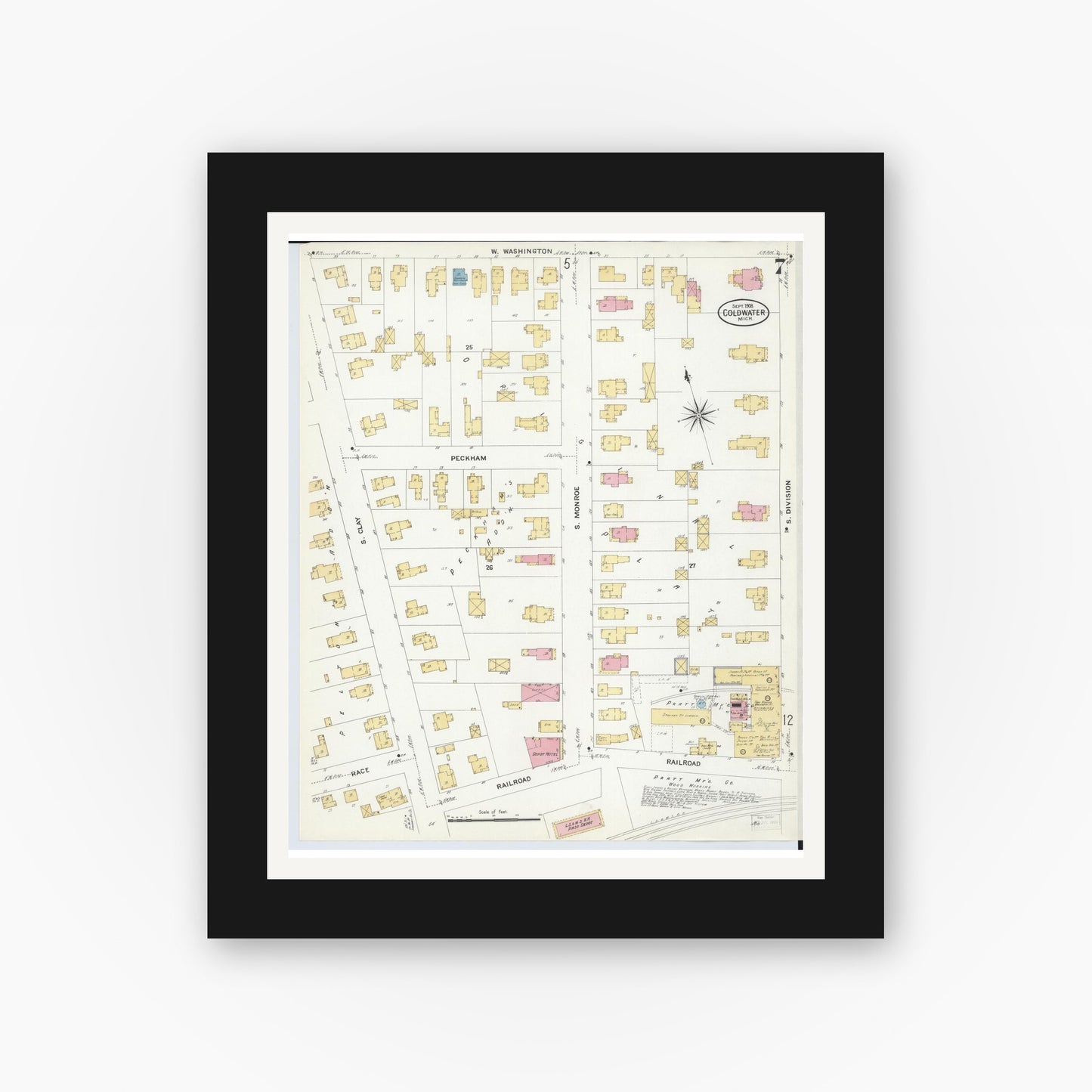 Old map wall art mockup — black gallery frame with white mat — Sanborn Fire Insurance Map from Coldwater, Branch County, Michigan (1908), Sheet #0007