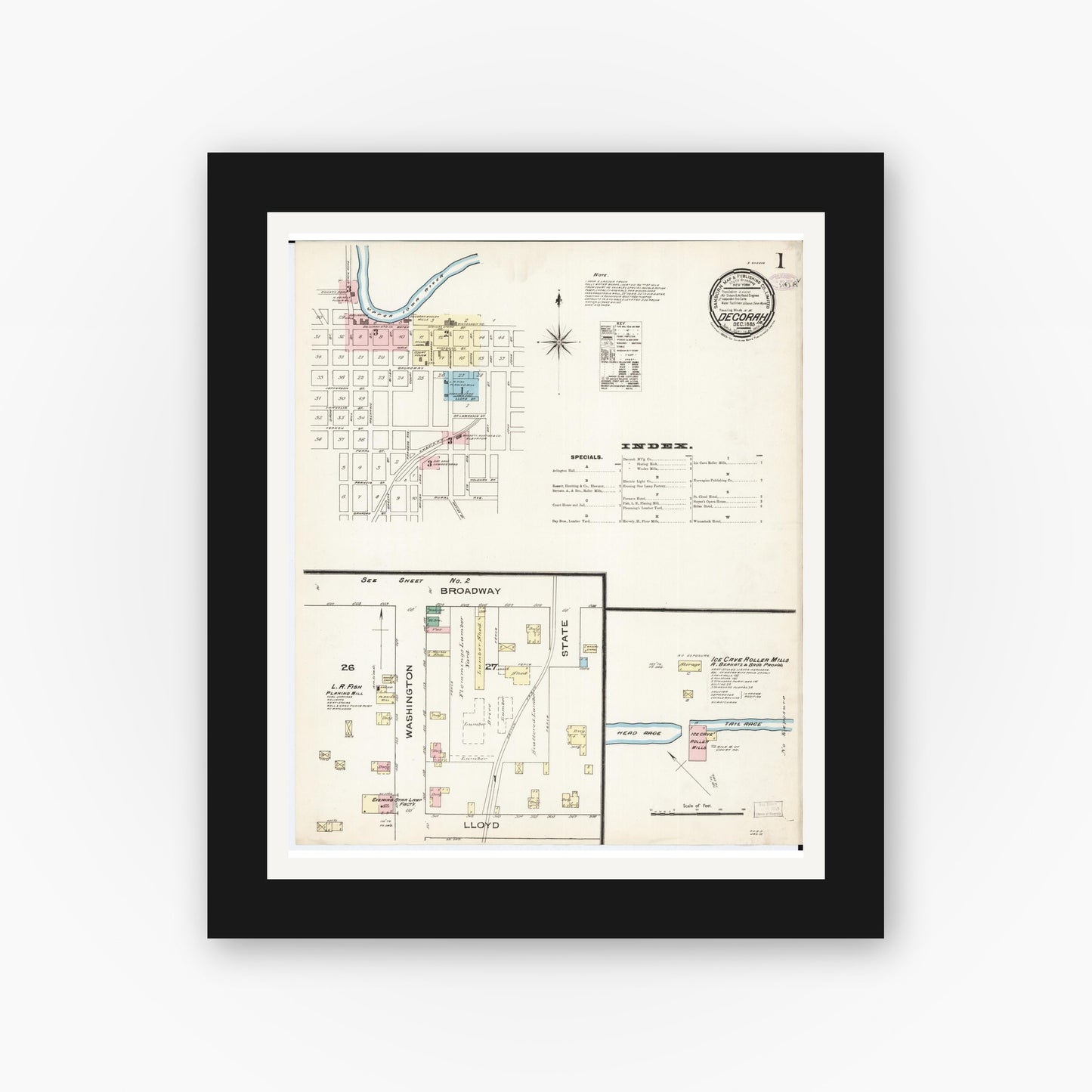 Old map wall art mockup — black gallery frame with white mat — Sanborn Fire Insurance Map from Decorah, Winneshiek County, Iowa (1885) — Complete Set