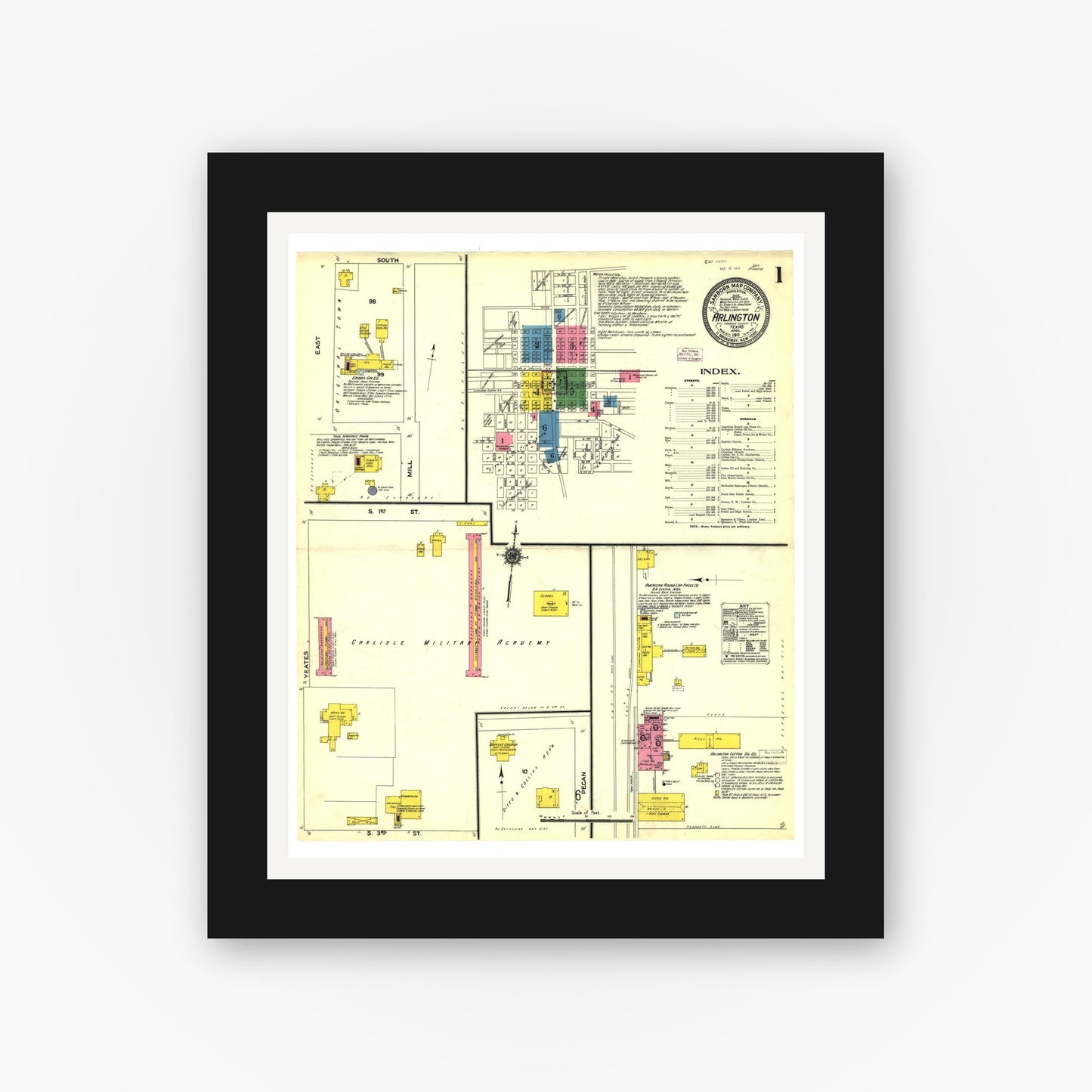 Old map wall art mockup — black gallery frame with white mat — Sanborn Fire Insurance Map from Arlington, Tarrant County, Texas (1911), Sheet #0001
