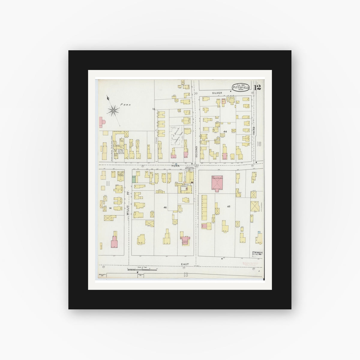 Old map wall art mockup — black gallery frame with white mat — Sanborn Fire Insurance Map from Pittsfield, Berkshire County, Massachusetts (1895), Sheet #0012