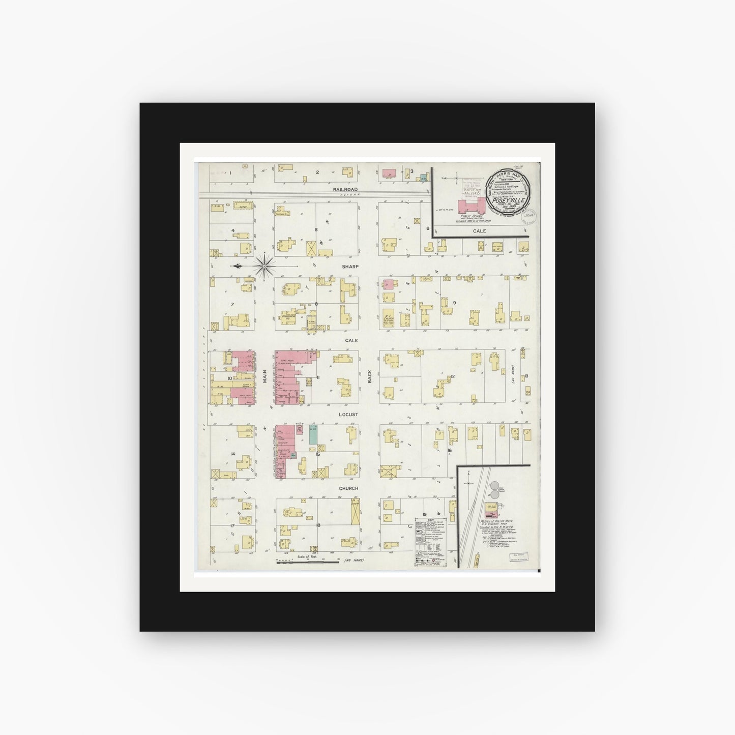 Old map wall art mockup — black gallery frame with white mat — Sanborn Fire Insurance Map from Poseyville, Posey County, Indiana (1900), Sheet #0001