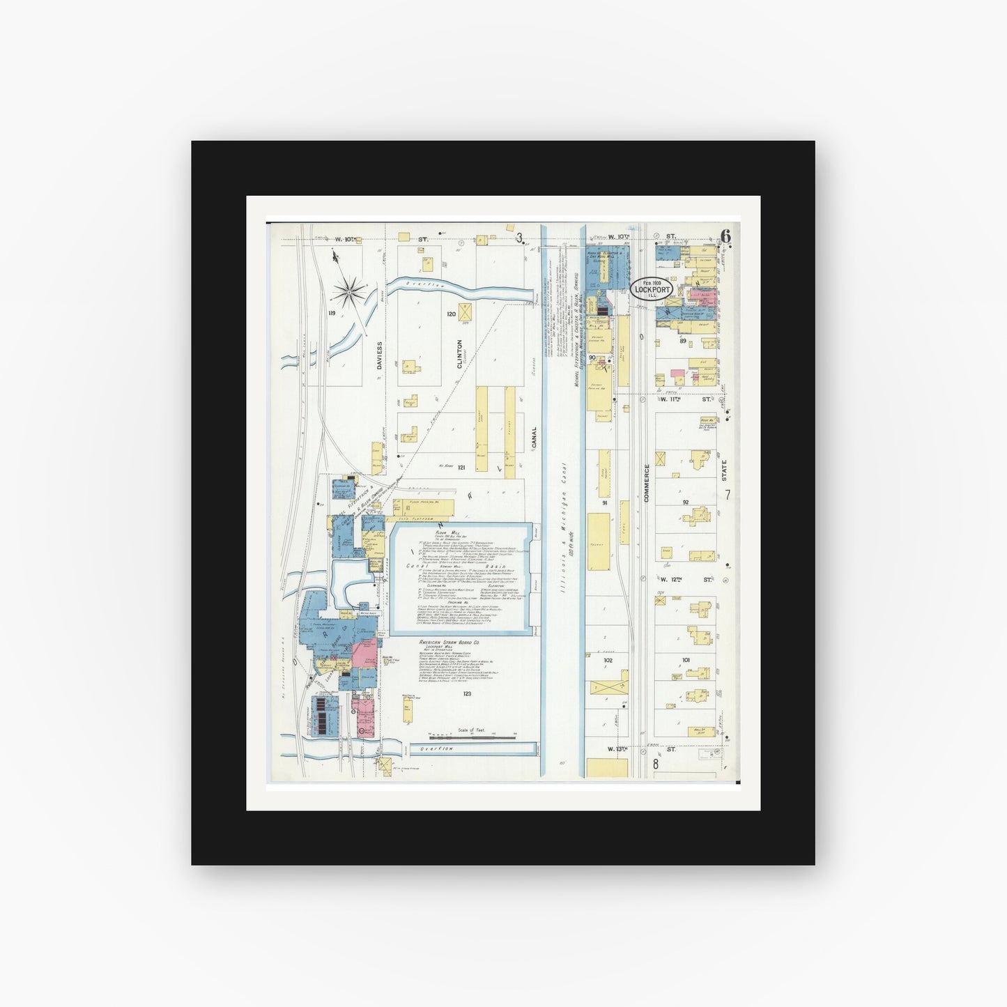 Old map wall art mockup — black gallery frame with white mat — Sanborn Fire Insurance Map from Lockport, Will County, Illinois (1909), Sheet #0006