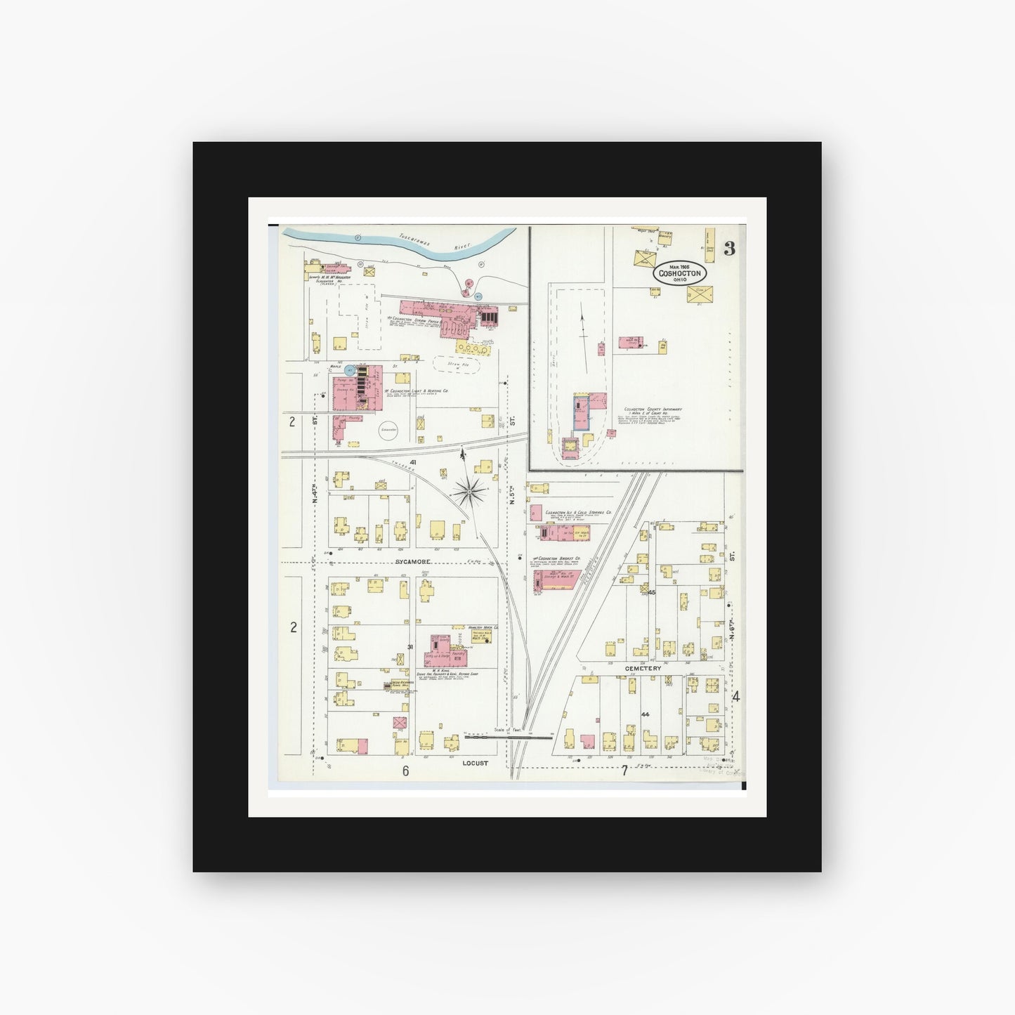Old map wall art mockup — black gallery frame with white mat — Sanborn Fire Insurance Map from Coshocton, Coshocton County, Ohio (1905), Sheet #0003