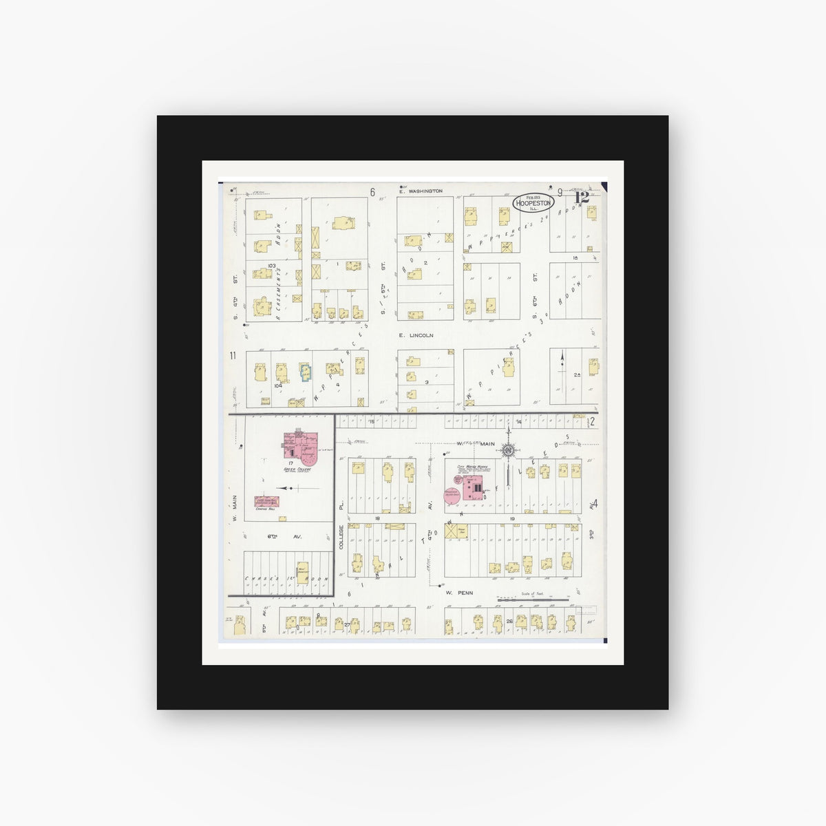 Old map wall art mockup — black gallery frame with white mat — Sanborn Fire Insurance Map from Hoopeston, Vermilion County, Illinois (1913), Sheet #0012