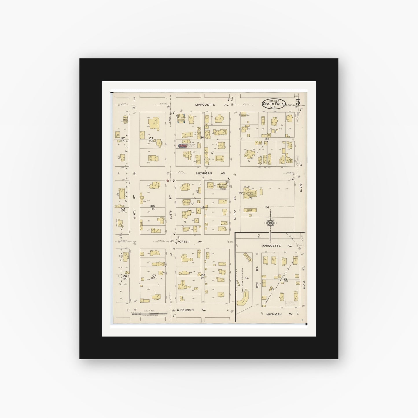 Old map wall art mockup — black gallery frame with white mat — Sanborn Fire Insurance Map from Crystal Falls, Iron County, Michigan (1922), Sheet #0005