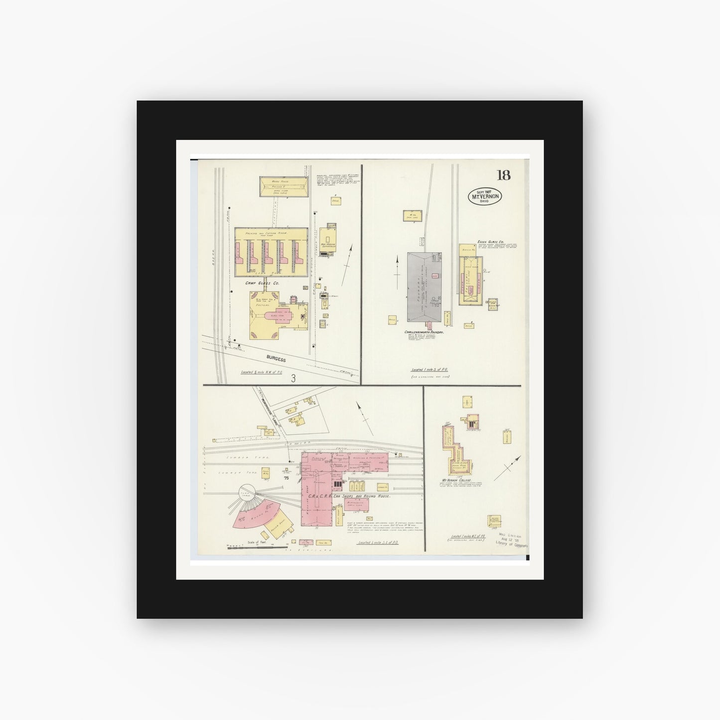 Old map wall art mockup — black gallery frame with white mat — Sanborn Fire Insurance Map from Mount Vernon, Knox County, Ohio (1907), Sheet #0018