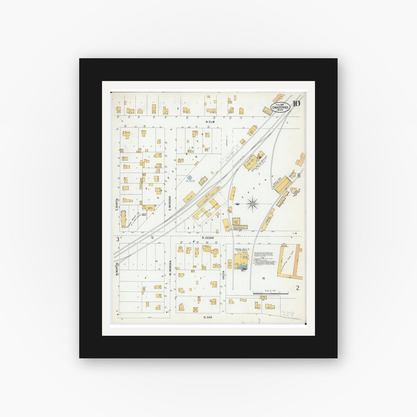 Old map wall art mockup — black gallery frame with white mat — Sanborn Fire Insurance Map from Owatonna, Steele County, Minnesota (1900), Sheet #0010