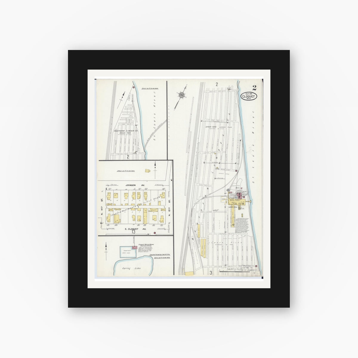 Old map wall art mockup — black gallery frame with white mat — Sanborn Fire Insurance Map from Cloquet, Carlton County, Minnesota (1911), Sheet #0002