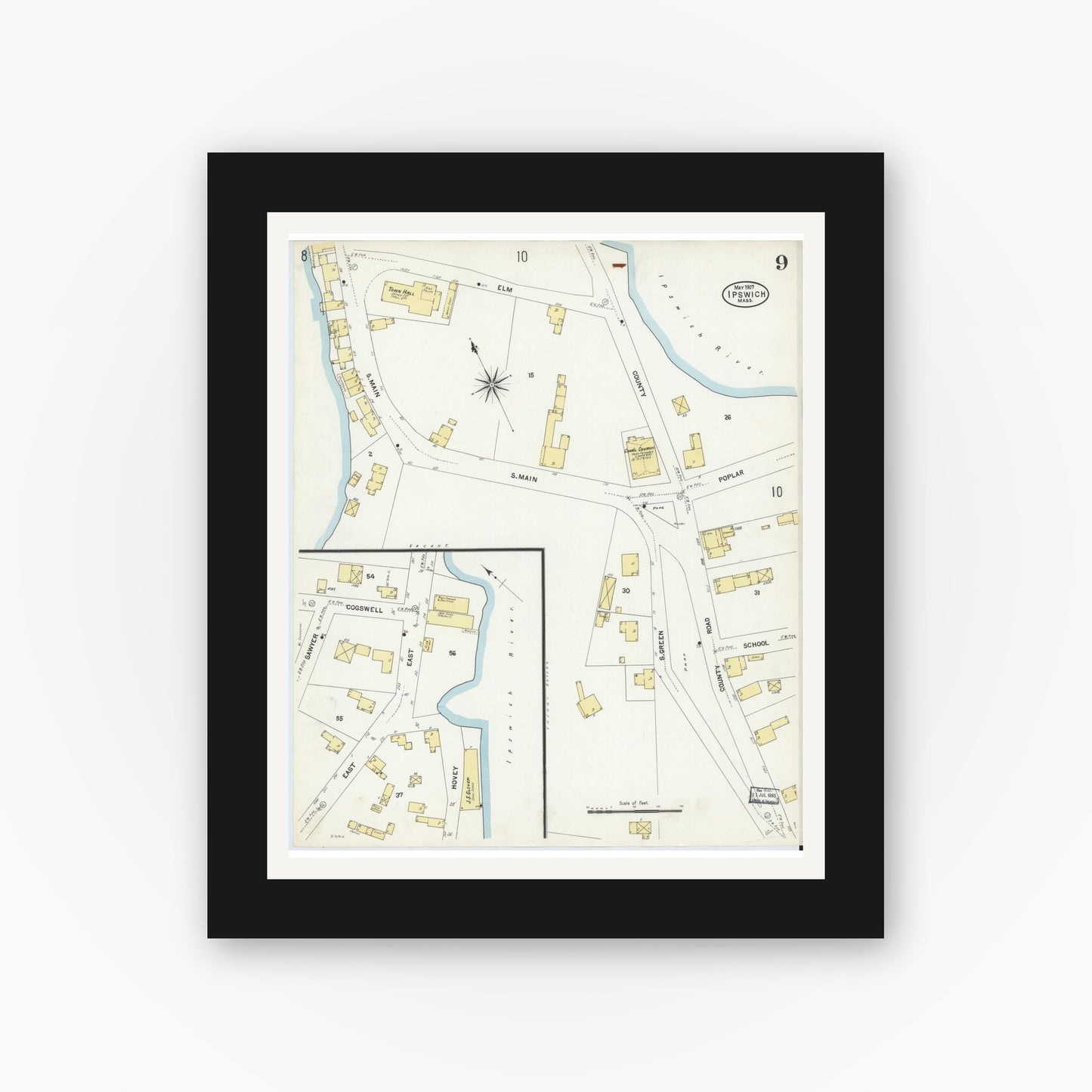 Old map wall art mockup — black gallery frame with white mat — Sanborn Fire Insurance Map from Ipswich, Essex County, Massachusetts (1907), Sheet #0009