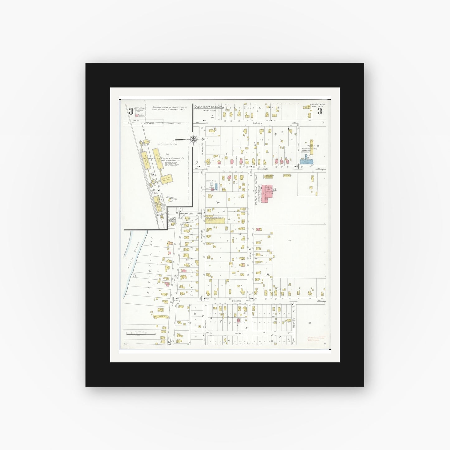 Old map wall art mockup — black gallery frame with white mat — Sanborn Fire Insurance Map from Dundee, Monroe County, Michigan (1938), Sheet #0003