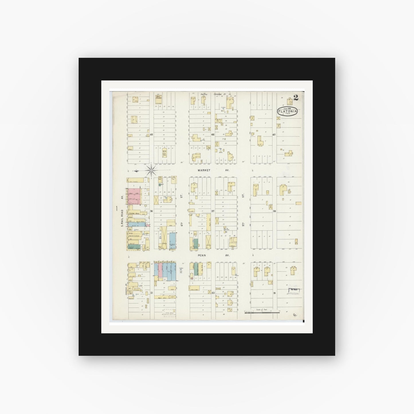 Old map wall art mockup — black gallery frame with white mat — Sanborn Fire Insurance Map from Flatonia, Fayette County, Texas (1896), Sheet #0002