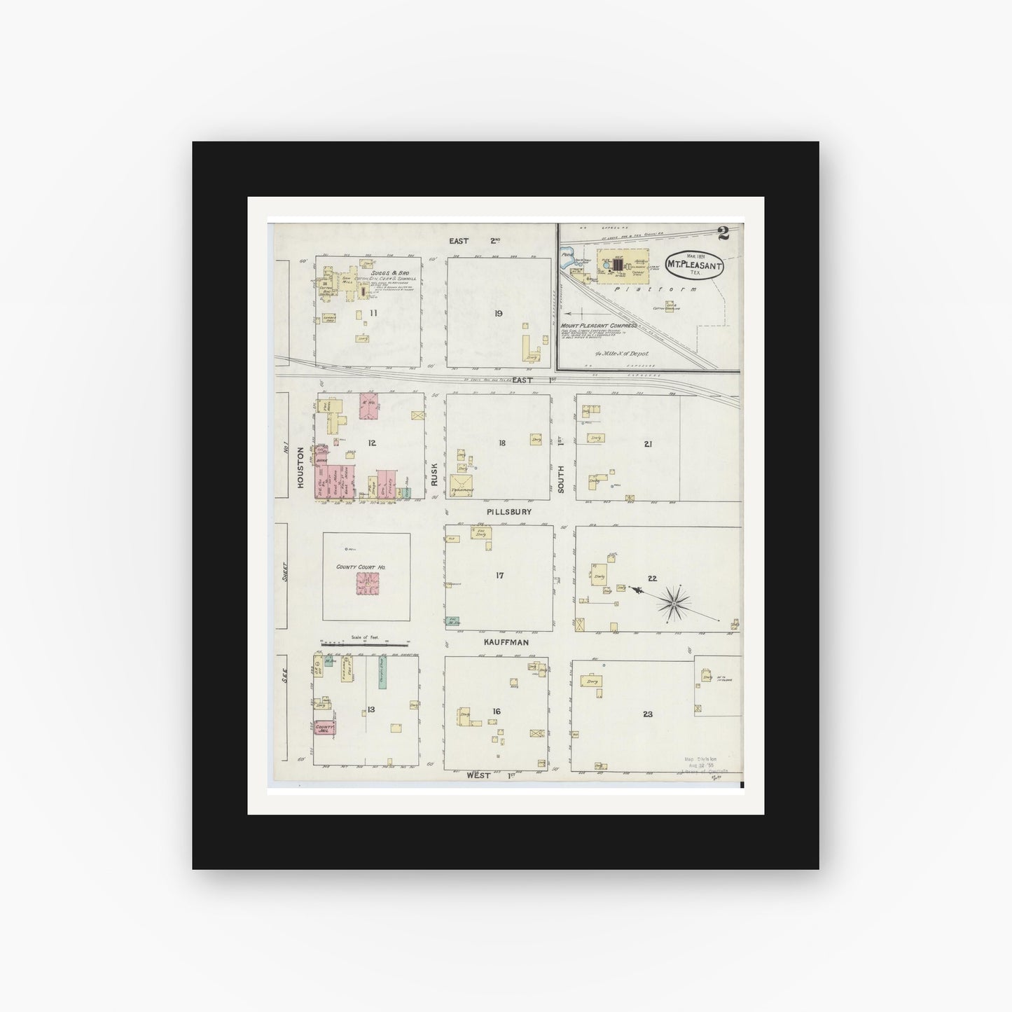 Old map wall art mockup — black gallery frame with white mat — Sanborn Fire Insurance Map from Mount Pleasant, Titus County, Texas (1891), Sheet #0002
