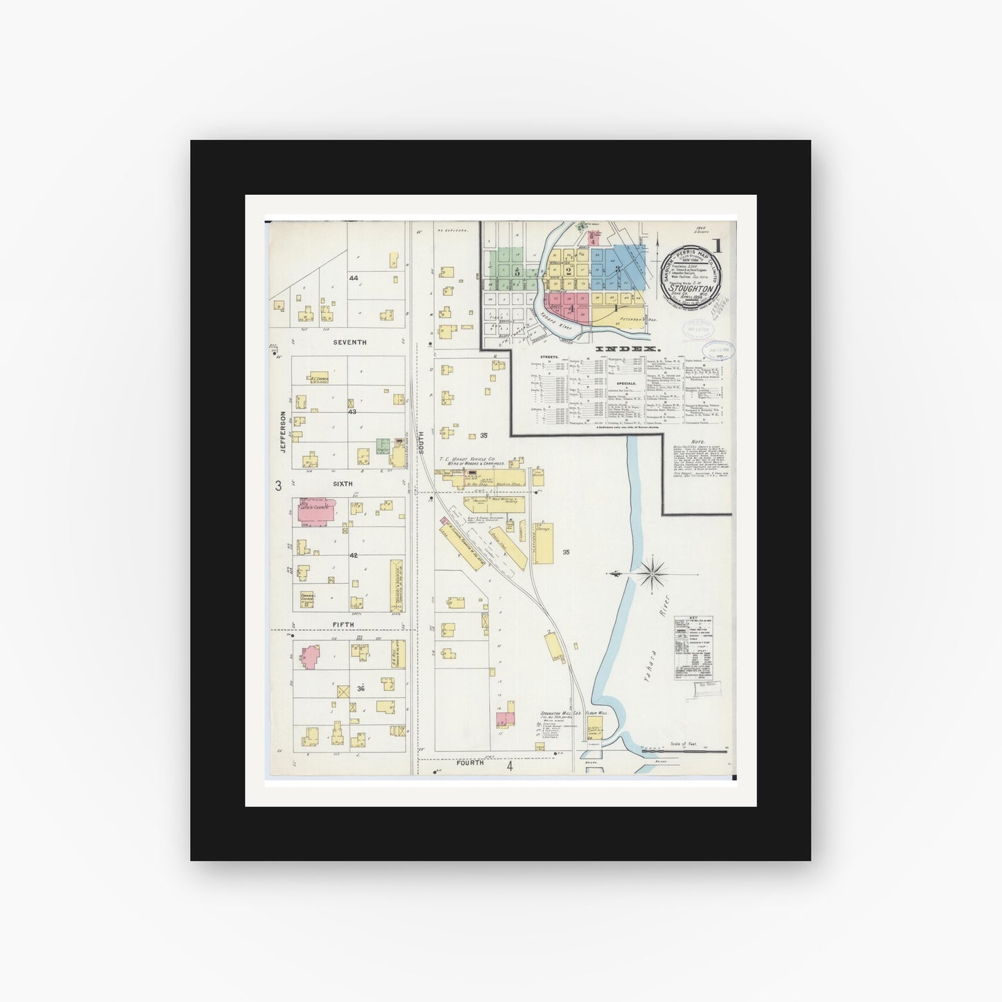 Old map wall art mockup — black gallery frame with white mat — Sanborn Fire Insurance Map from Stoughton, Dane County, Wisconsin (1898), Sheet #0001