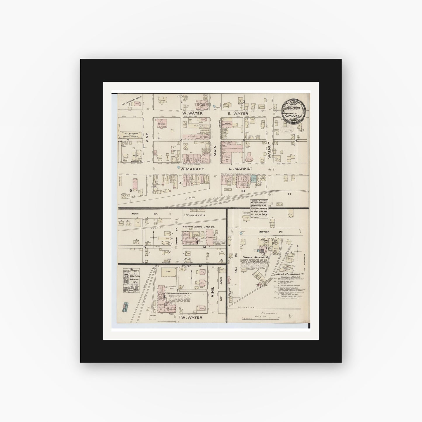 Old map wall art mockup — black gallery frame with white mat — Sanborn Fire Insurance Map from Orrville, Wayne County, Ohio (1884), Sheet #0001