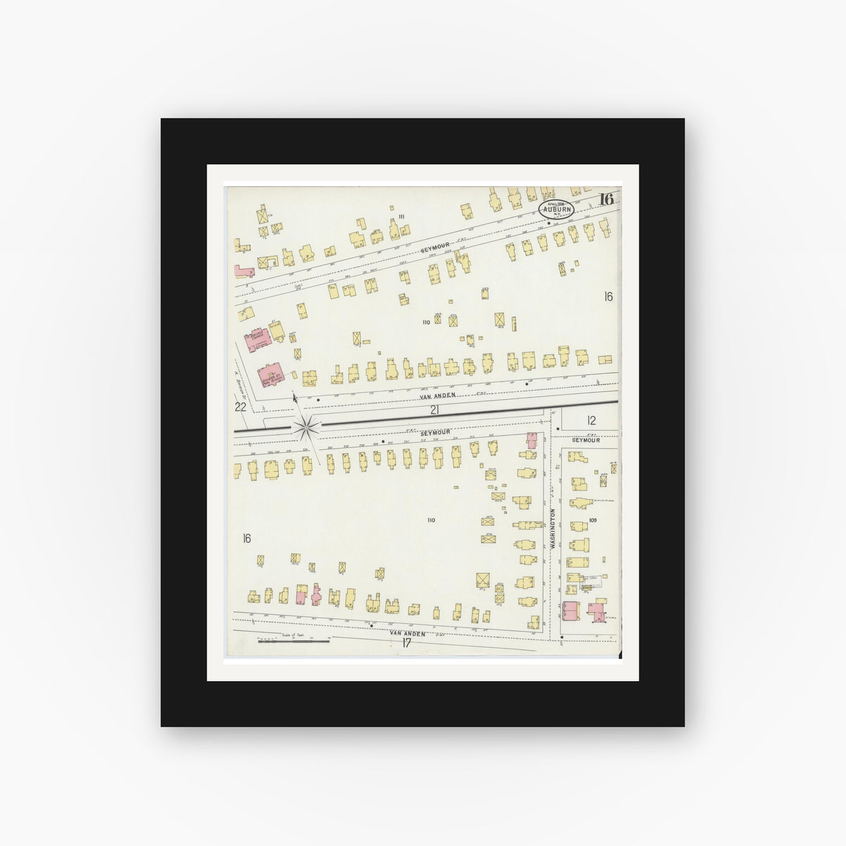 Old map wall art mockup — black gallery frame with white mat — Sanborn Fire Insurance Map from Auburn, Cayuga County, New York (1898), Sheet #0016