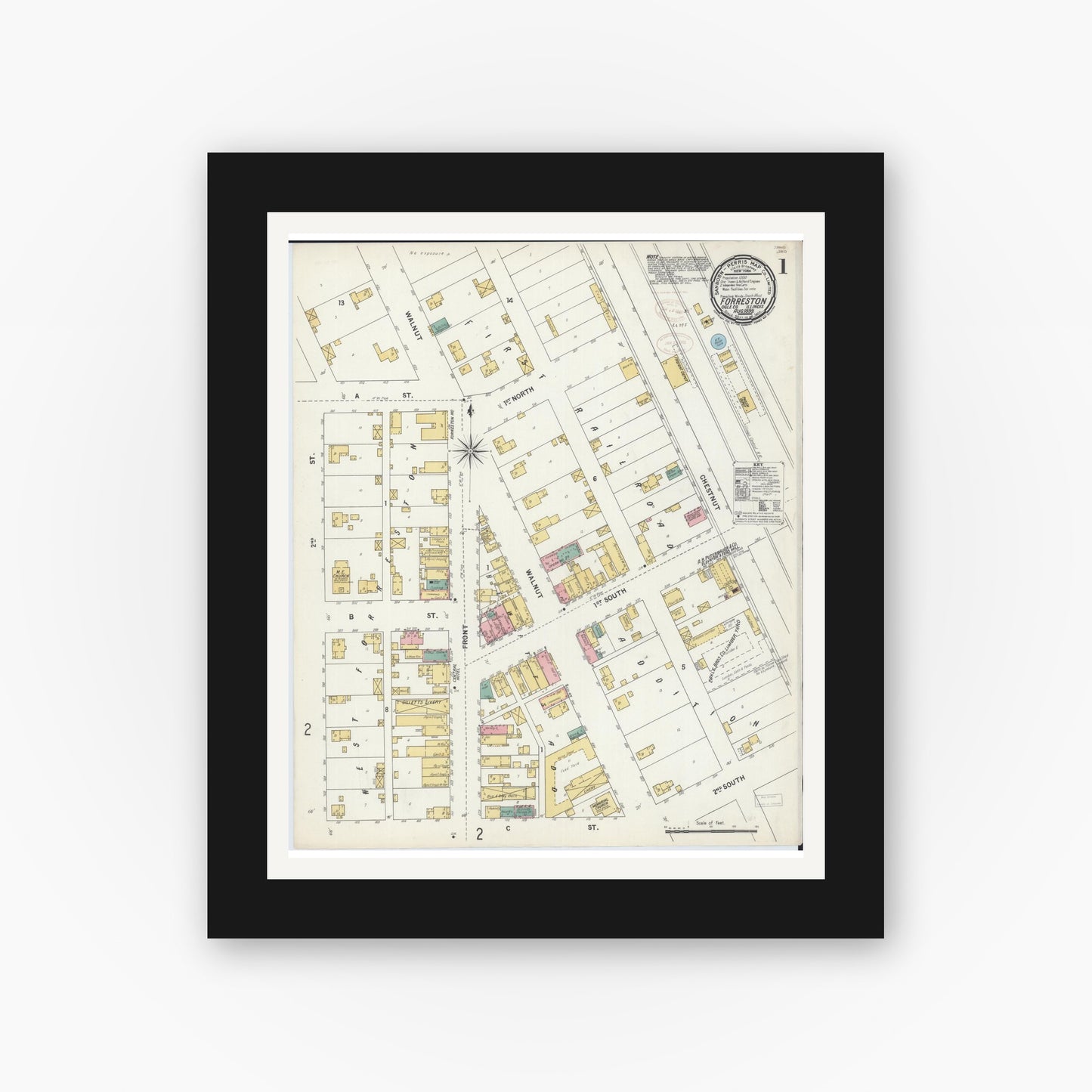 Old map wall art mockup — black gallery frame with white mat — Sanborn Fire Insurance Map from Forreston, Ogle County, Illinois (1899), Sheet #0001