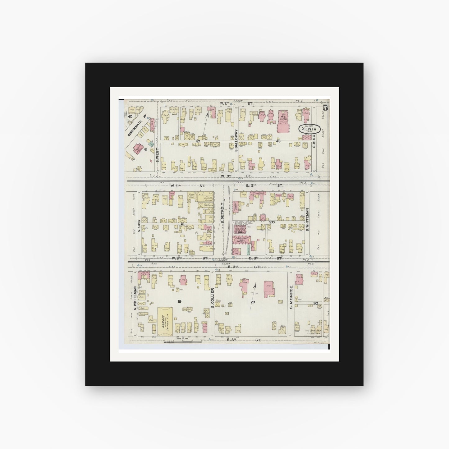 Old map wall art mockup — black gallery frame with white mat — Sanborn Fire Insurance Map from Xenia, Greene County, Ohio (1890), Sheet #0005