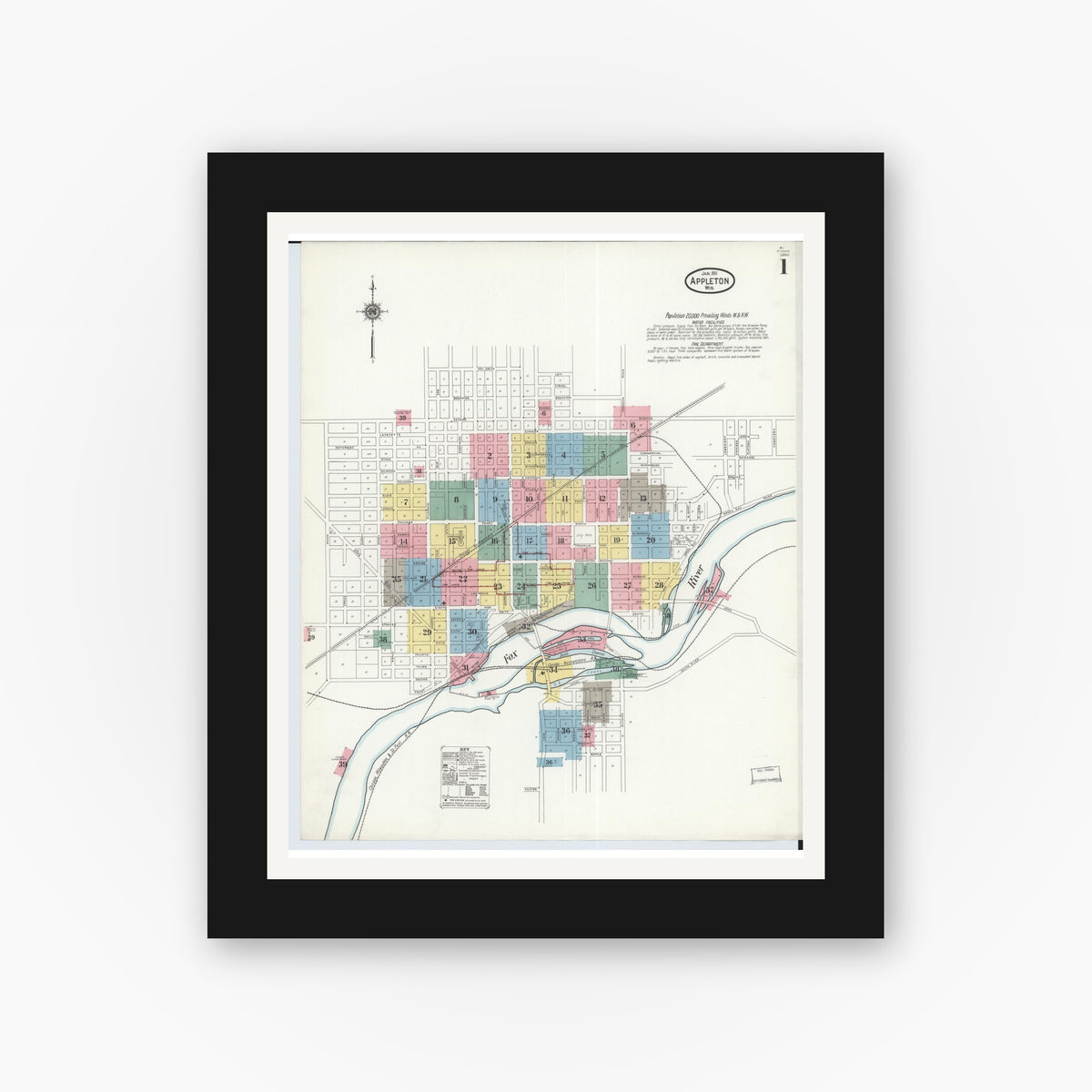 Old map wall art mockup — black gallery frame with white mat — Sanborn Fire Insurance Map from Appleton, Outagamie County, Wisconsin (1911) - Complete Map Set