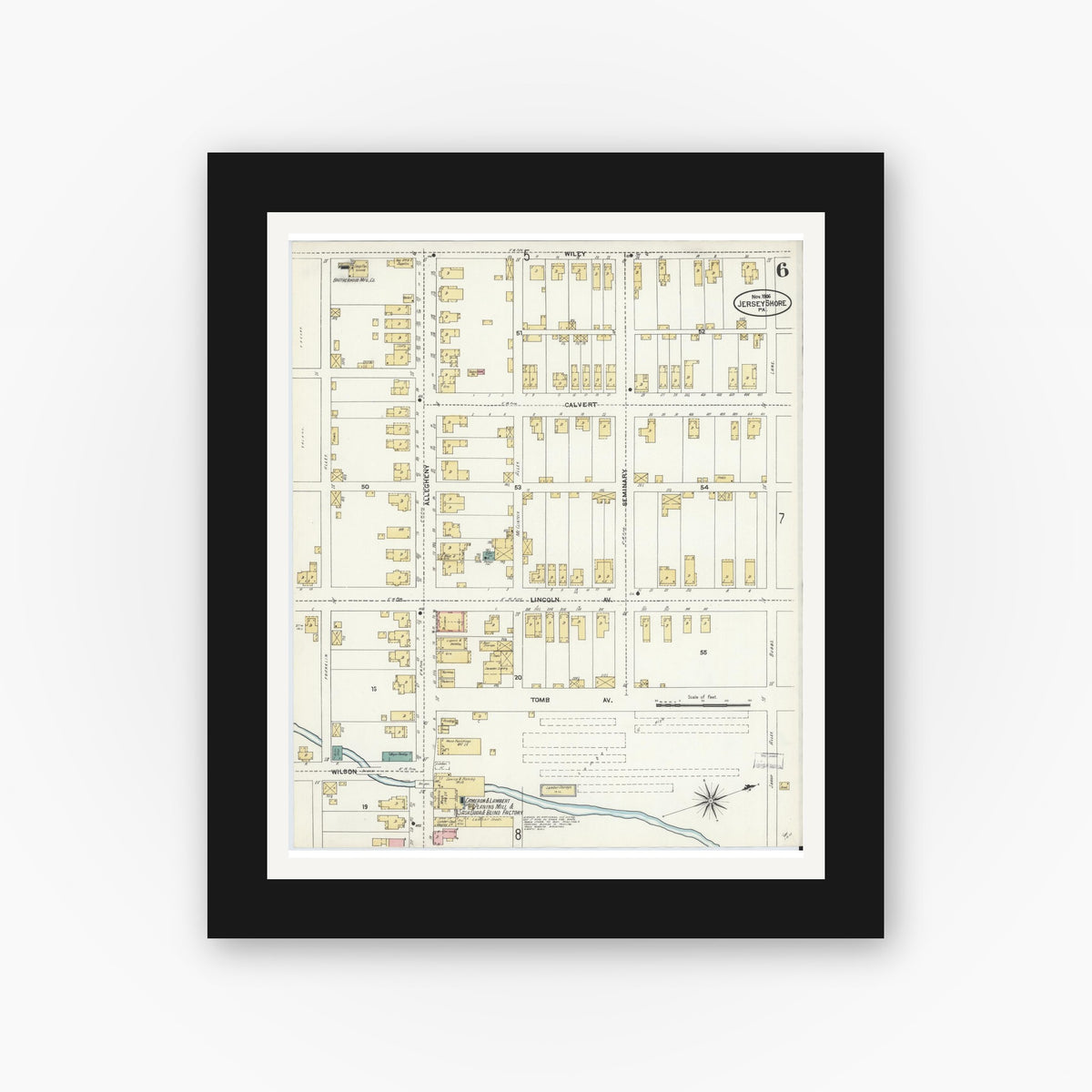 Old map wall art mockup β black gallery frame with white mat β Sanborn Fire Insurance Map from Jersey Shore, Lycoming County, Pennsylvania (1906), Sheet #0006