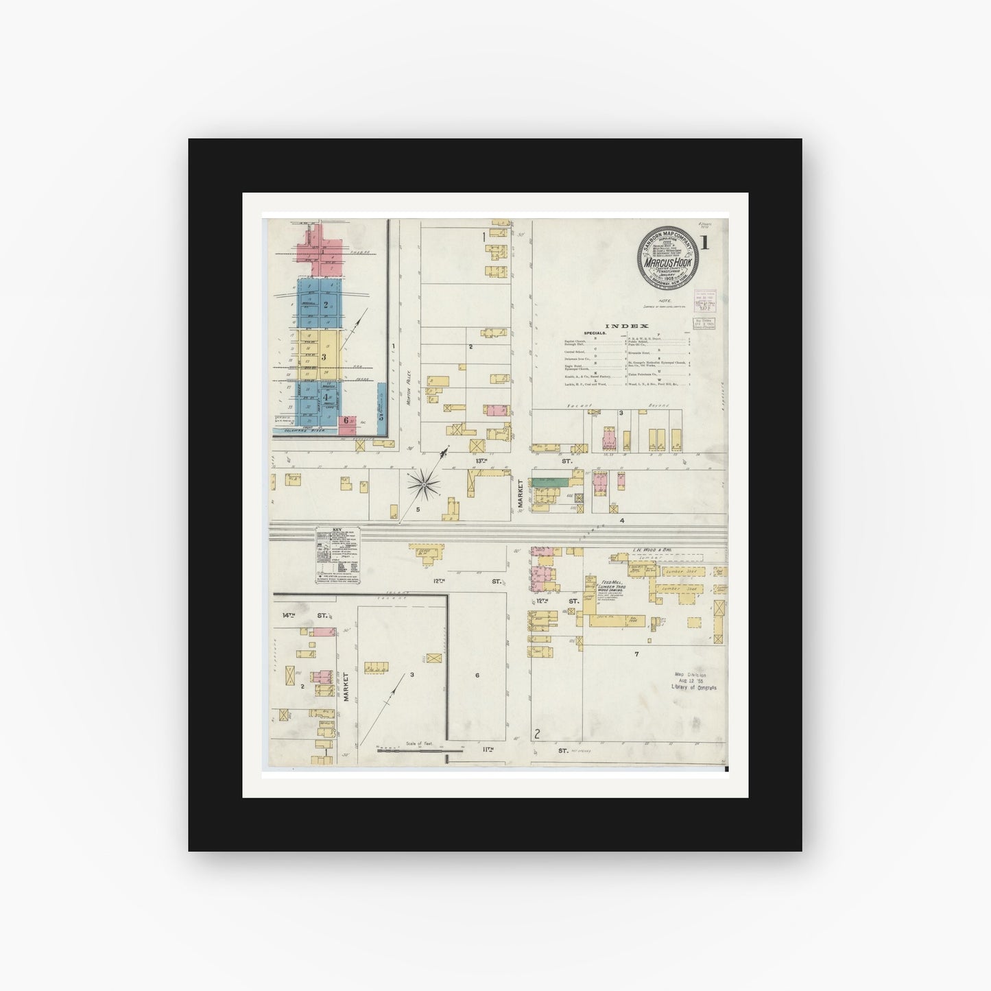 Old map wall art mockup — black gallery frame with white mat — Sanborn Fire Insurance Map from Marcus Hook, Chester County, Pennsylvania (1905) - Complete Map Set