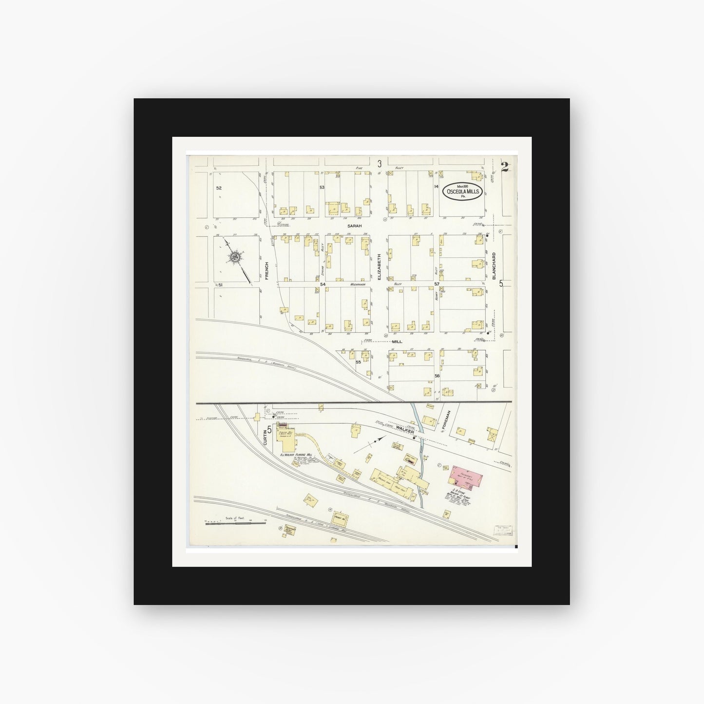 Old map wall art mockup — black gallery frame with white mat — Sanborn Fire Insurance Map from Osceola Mills, Clearfield County, Pennsylvania (1910), Sheet #0002