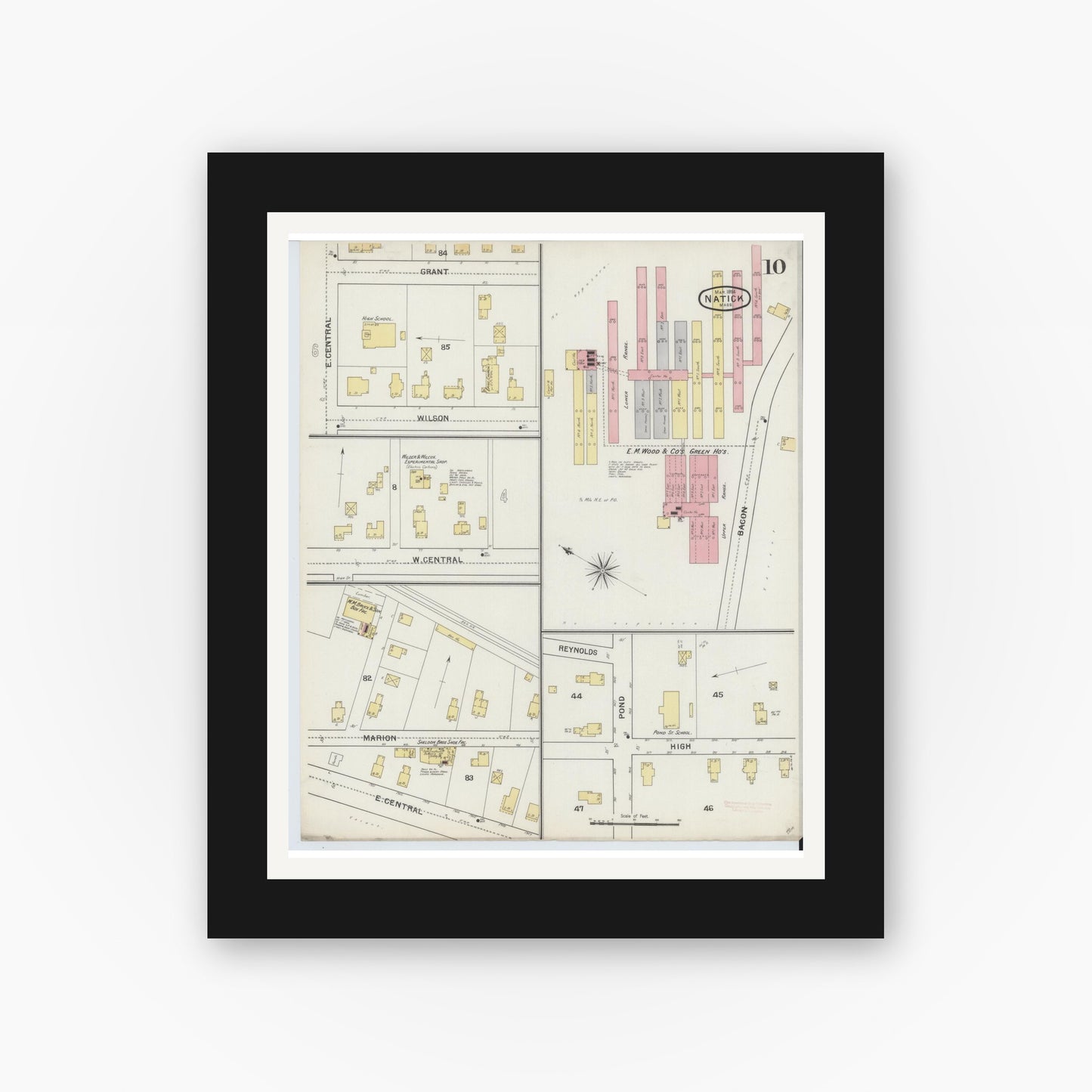 Old map wall art mockup — black gallery frame with white mat — Sanborn Fire Insurance Map from Natick, Middlesex County, Massachusetts (1894), Sheet #0010