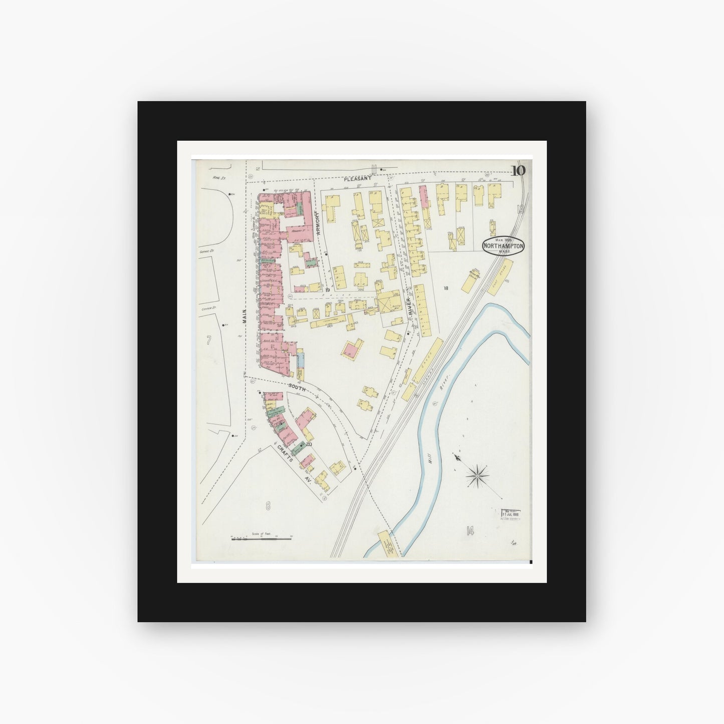 Old map wall art mockup — black gallery frame with white mat — Sanborn Fire Insurance Map from Northampton, Hampshire County, Massachusetts (1895), Sheet #0010