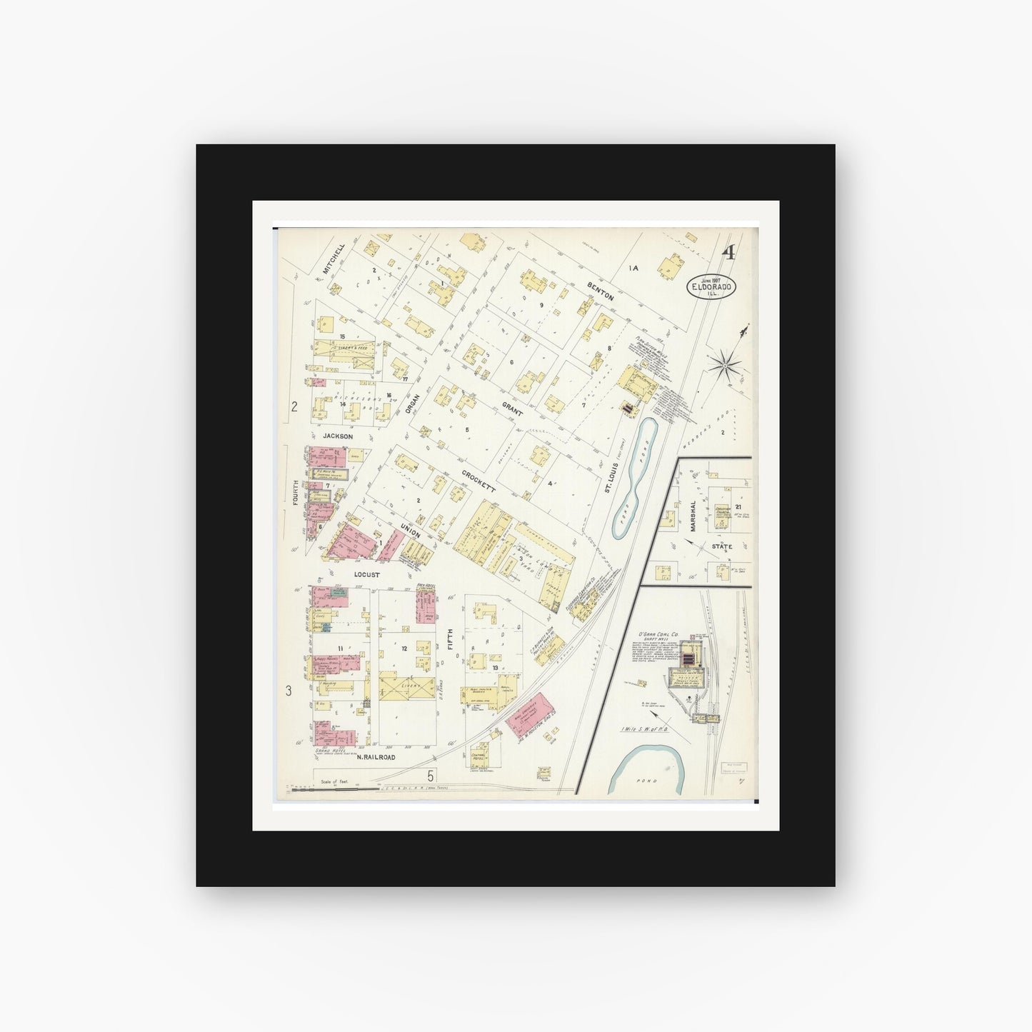 Old map wall art mockup — black gallery frame with white mat — Sanborn Fire Insurance Map from Eldorado, Saline County, Illinois (1907), Sheet #0004