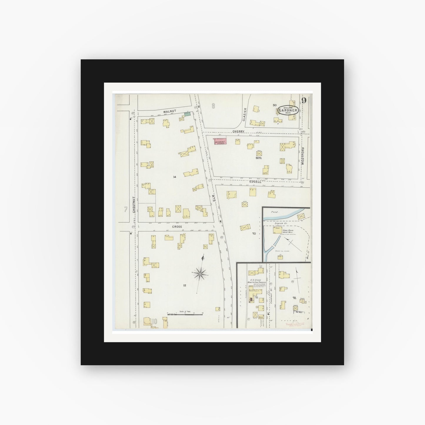 Old map wall art mockup — black gallery frame with white mat — Sanborn Fire Insurance Map from Gardner, Worcester County, Massachusetts (1895), Sheet #0009