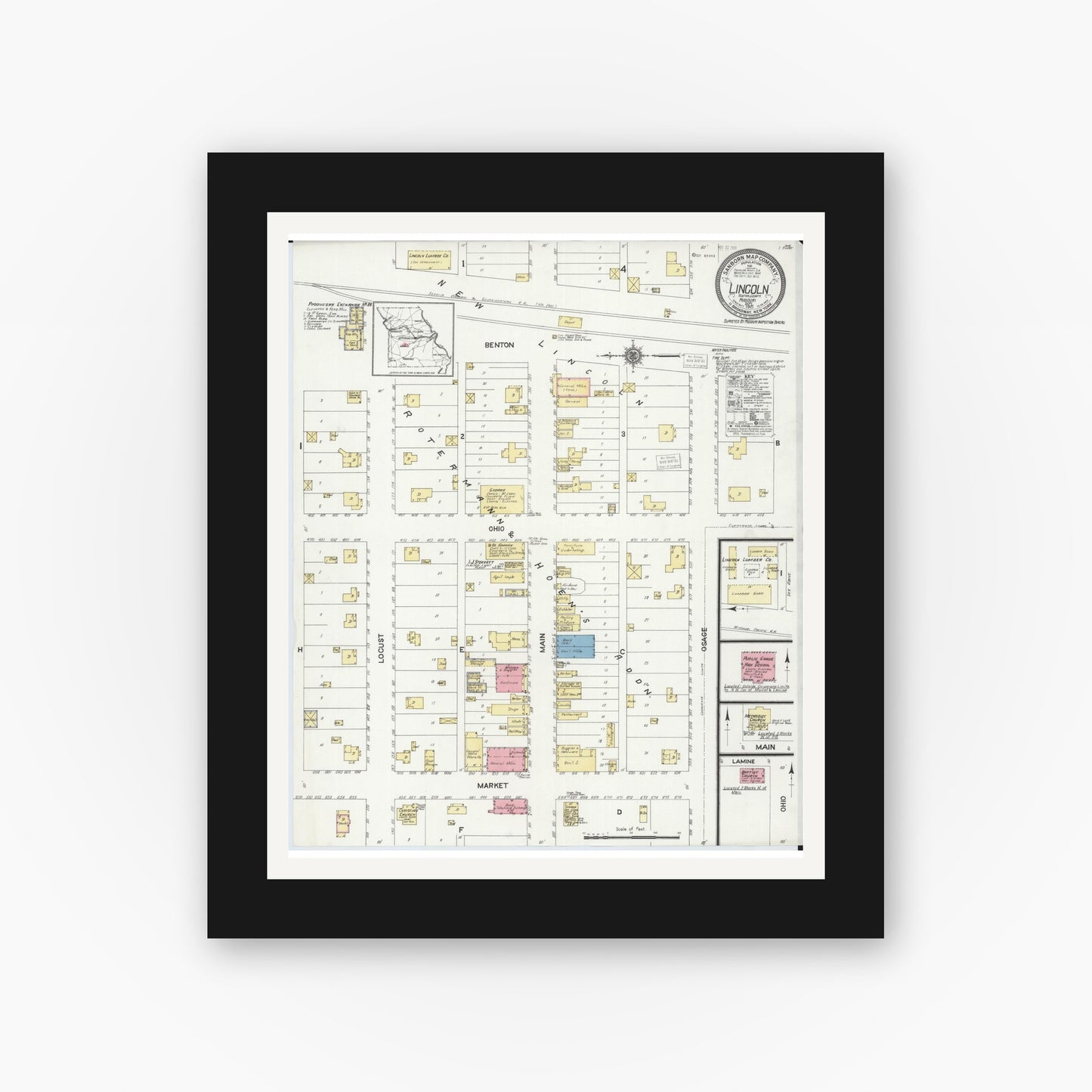 Old map wall art mockup — black gallery frame with white mat — Sanborn Fire Insurance Map from Lincoln, Benton County, Missouri (1921), Sheet #0001