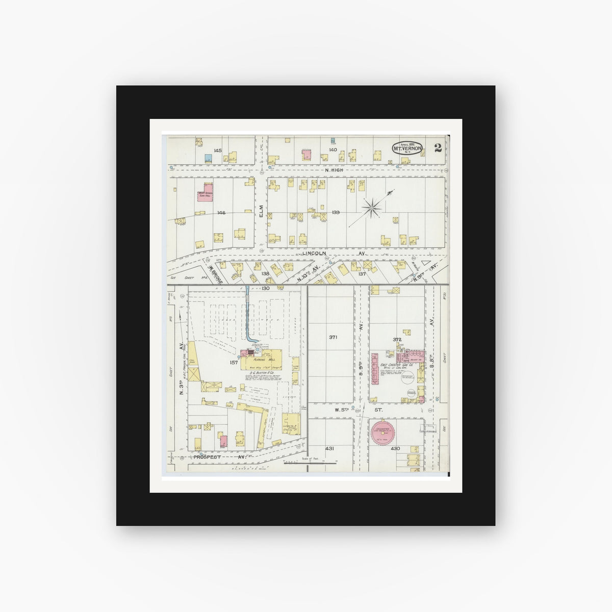 Old map wall art mockup — black gallery frame with white mat — Sanborn Fire Insurance Map from Mount Vernon, Westchester County, New York (1892) - Complete Map Set