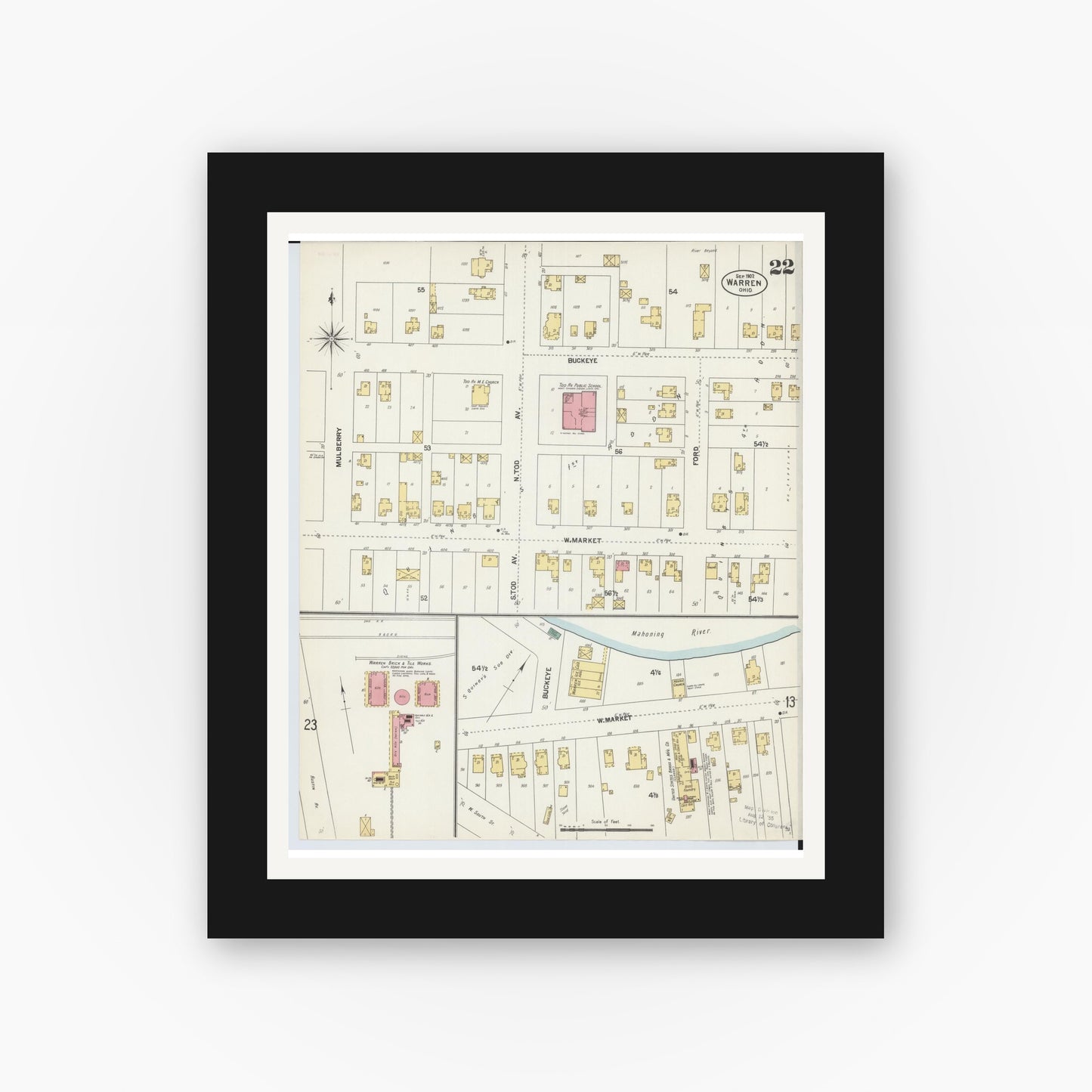 Old map wall art mockup — black gallery frame with white mat — Sanborn Fire Insurance Map from Warren, Trumbull County, Ohio (1902), Sheet #0022