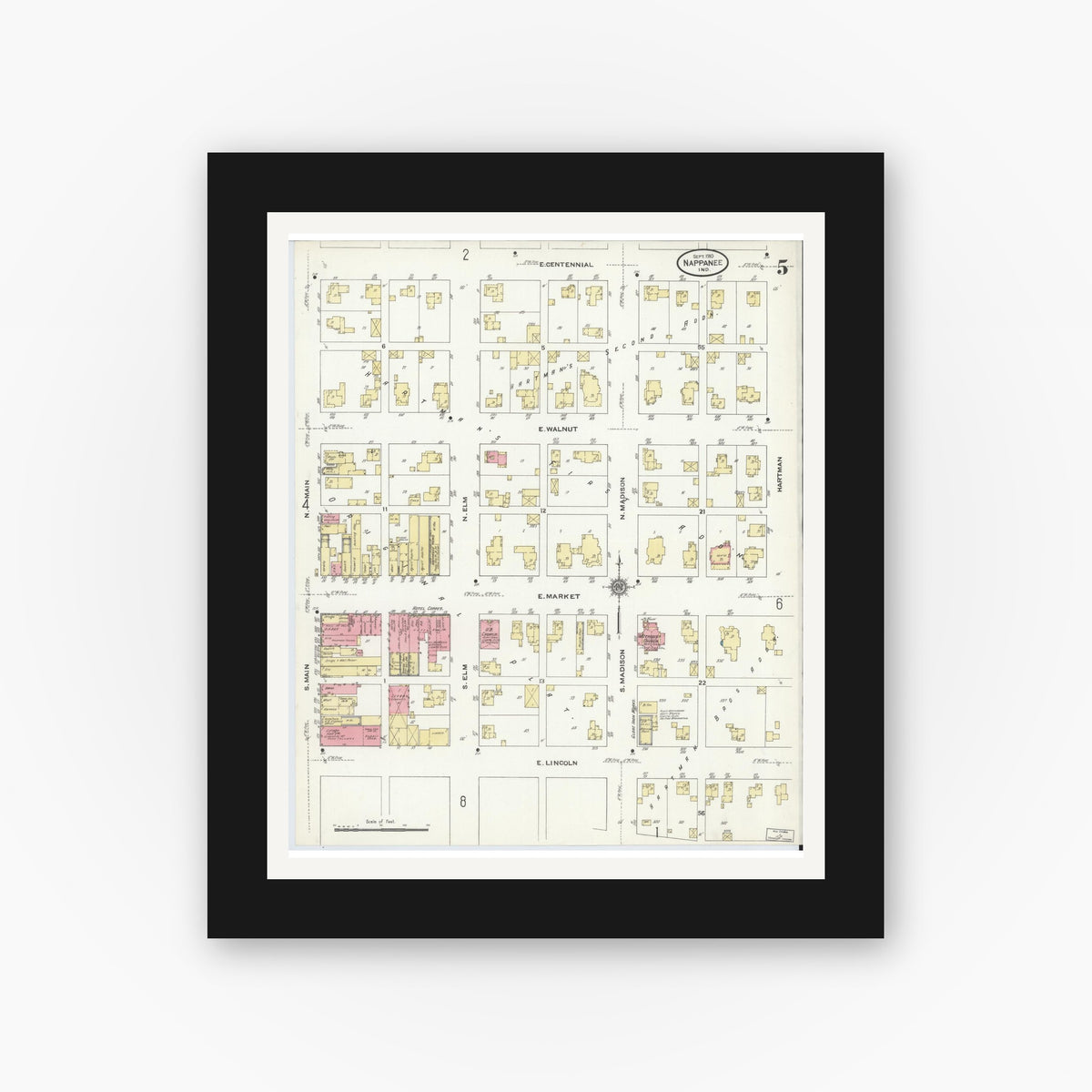 Old map wall art mockup — black gallery frame with white mat — Sanborn Fire Insurance Map from Nappanee, Elkhart County, Indiana (1910), Sheet #0005