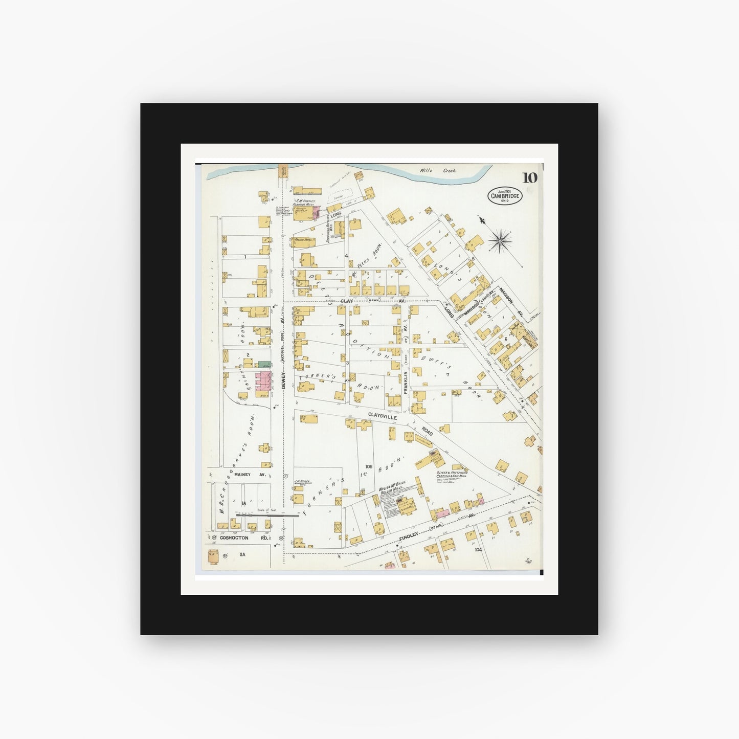 Old map wall art mockup — black gallery frame with white mat — Sanborn Fire Insurance Map from Cambridge, Guernsey County, Ohio (1901), Sheet #0010