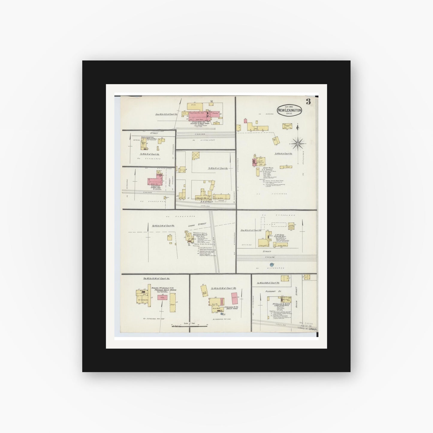 Old map wall art mockup — black gallery frame with white mat — Sanborn Fire Insurance Map from New Lexington, Perry County, Ohio (1893), Sheet #0003