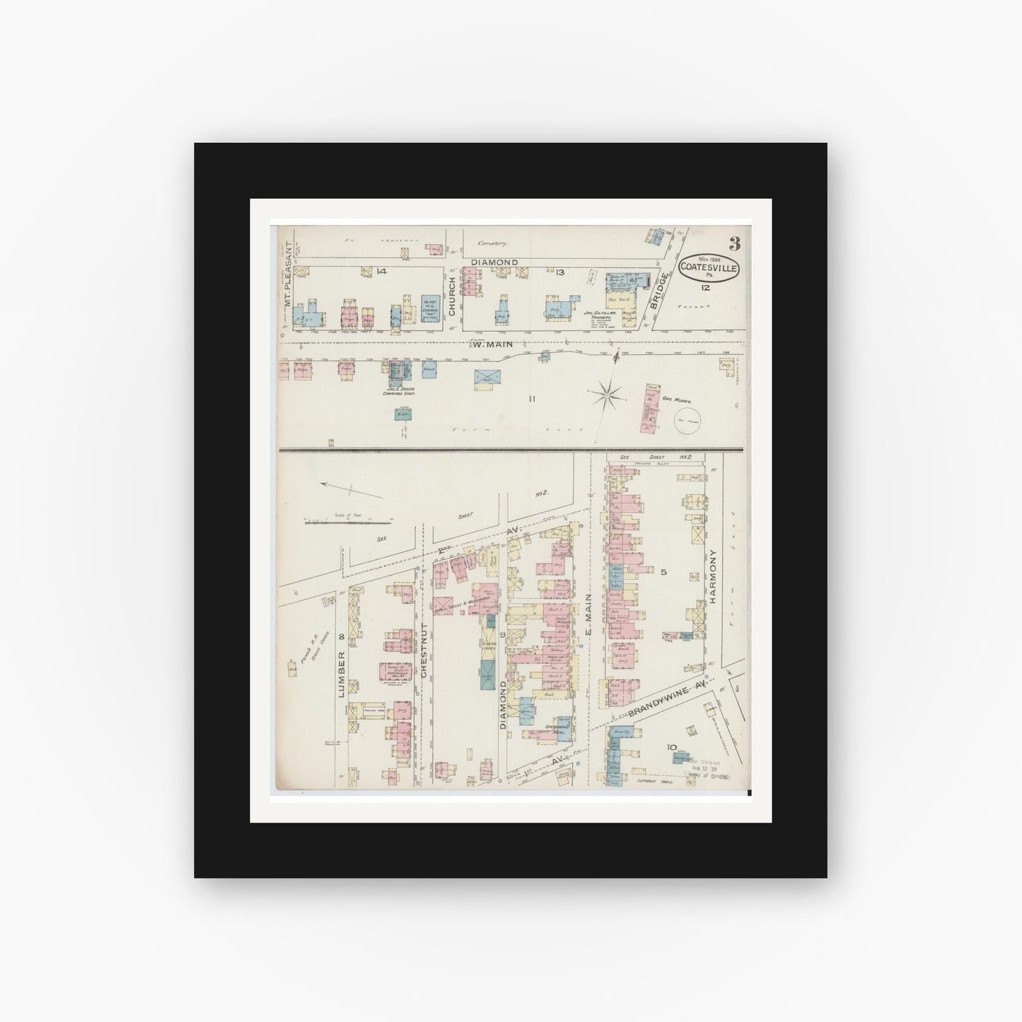 Old map wall art mockup — black gallery frame with white mat — Sanborn Fire Insurance Map from Coatesville, Chester County, Pennsylvania (1886), Sheet #0003