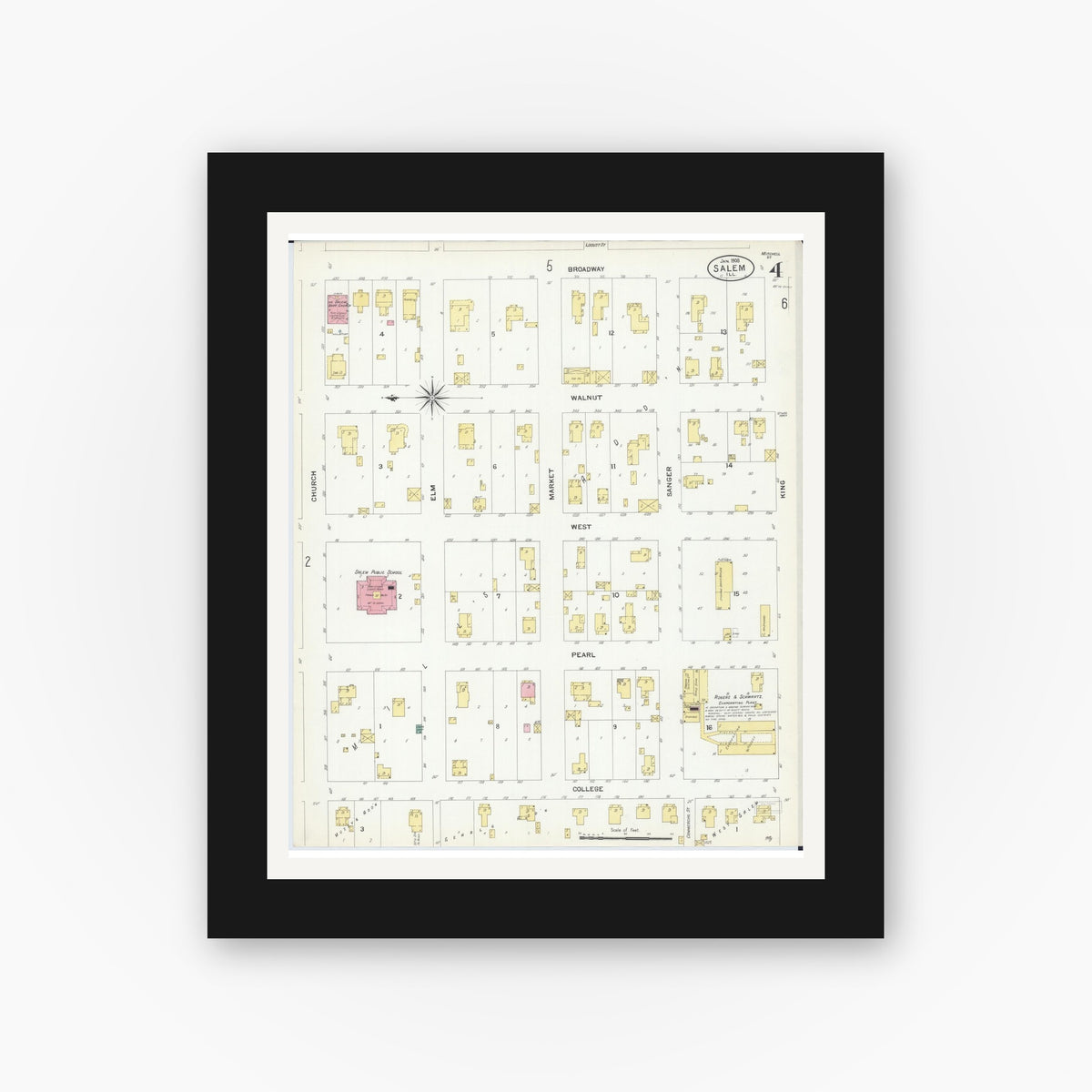 Old map wall art mockup — black gallery frame with white mat — Sanborn Fire Insurance Map from Salem, Marion County, Illinois (1908), Sheet #0004