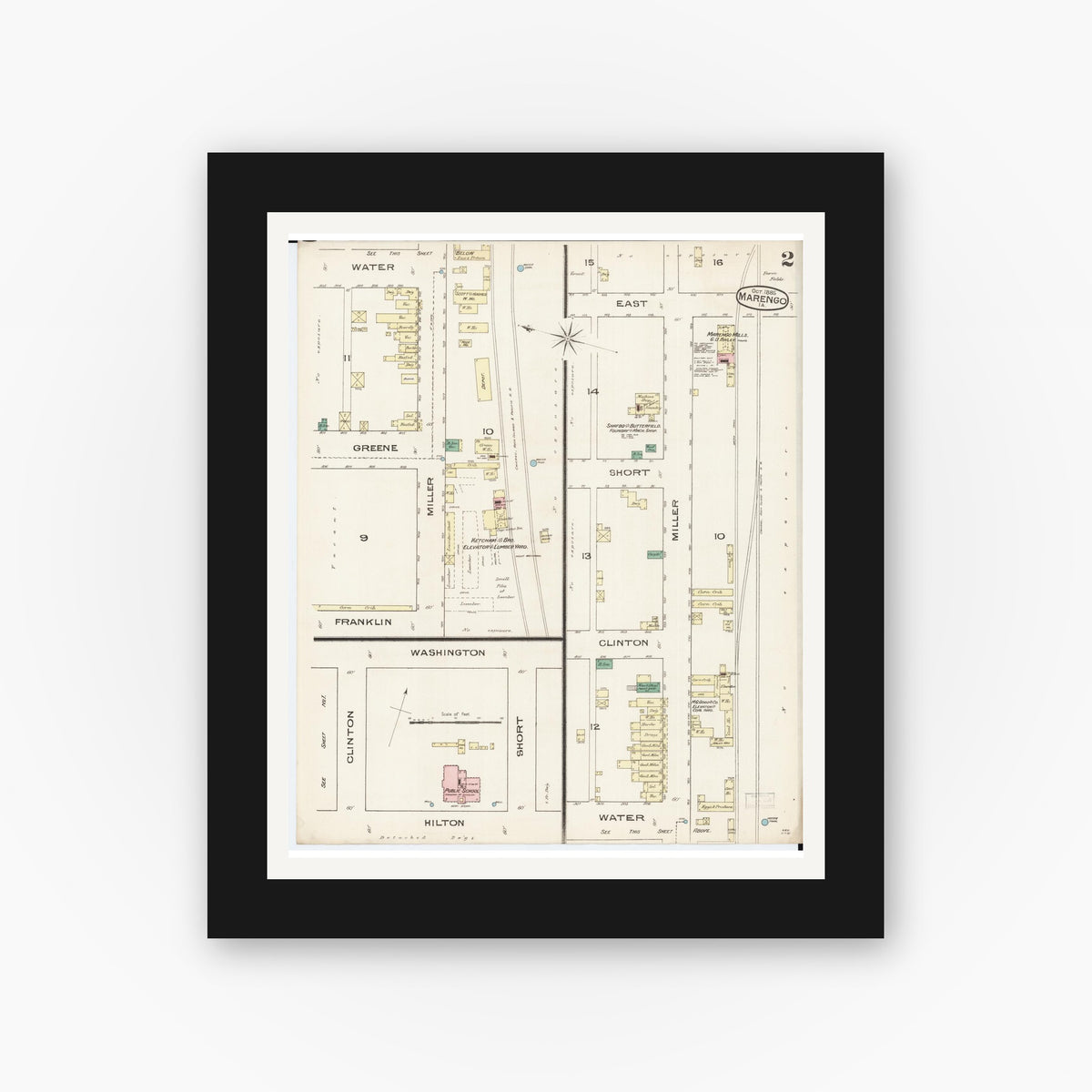 Old map wall art mockup — black gallery frame with white mat — Sanborn Fire Insurance Map from Marengo, Iowa County, Iowa (1885), Sheet #0002