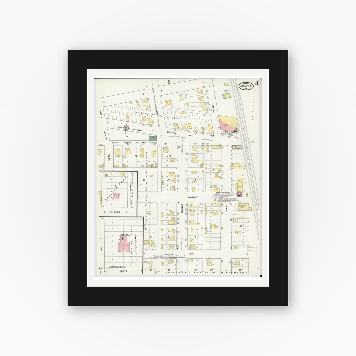 Old map wall art mockup — black gallery frame with white mat — Sanborn Fire Insurance Map from Monett, Barry County, Missouri (1910), Sheet #0004