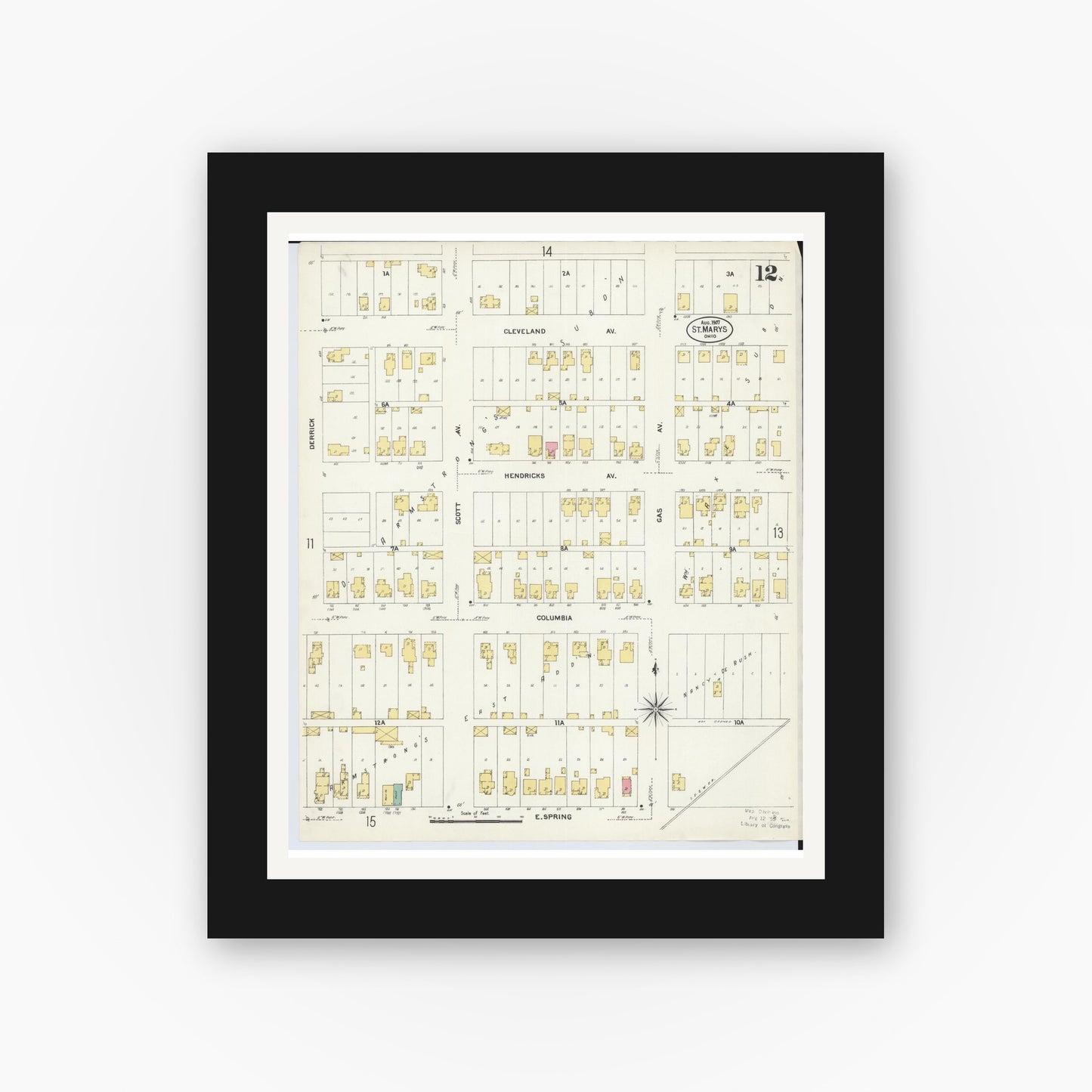 Old map wall art mockup — black gallery frame with white mat — Sanborn Fire Insurance Map from Saint Marys, Auglaize County, Ohio (1907), Sheet #0012