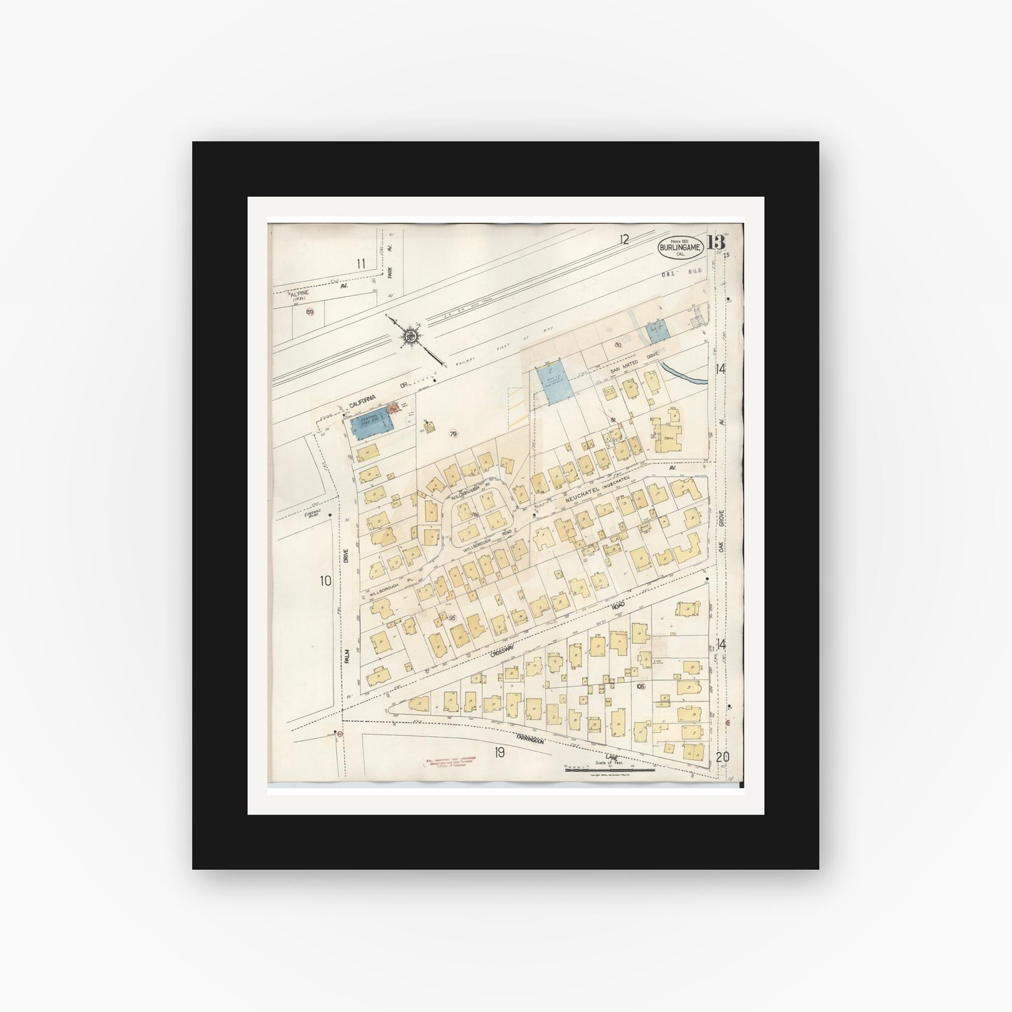Old map wall art mockup — black gallery frame with white mat — Sanborn Fire Insurance Map from Burlingame, San Mateo County, California (1949), Sheet #0013