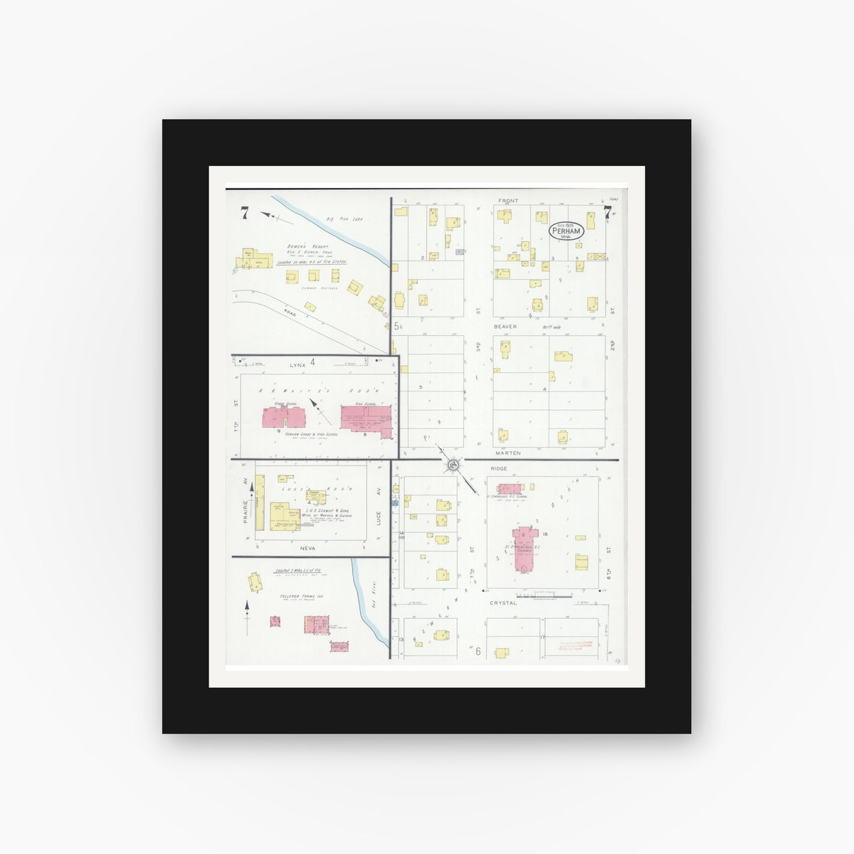 Old map wall art mockup — black gallery frame with white mat — Sanborn Fire Insurance Map from Perham, Otter Tail County, Minnesota (1929), Sheet #0007