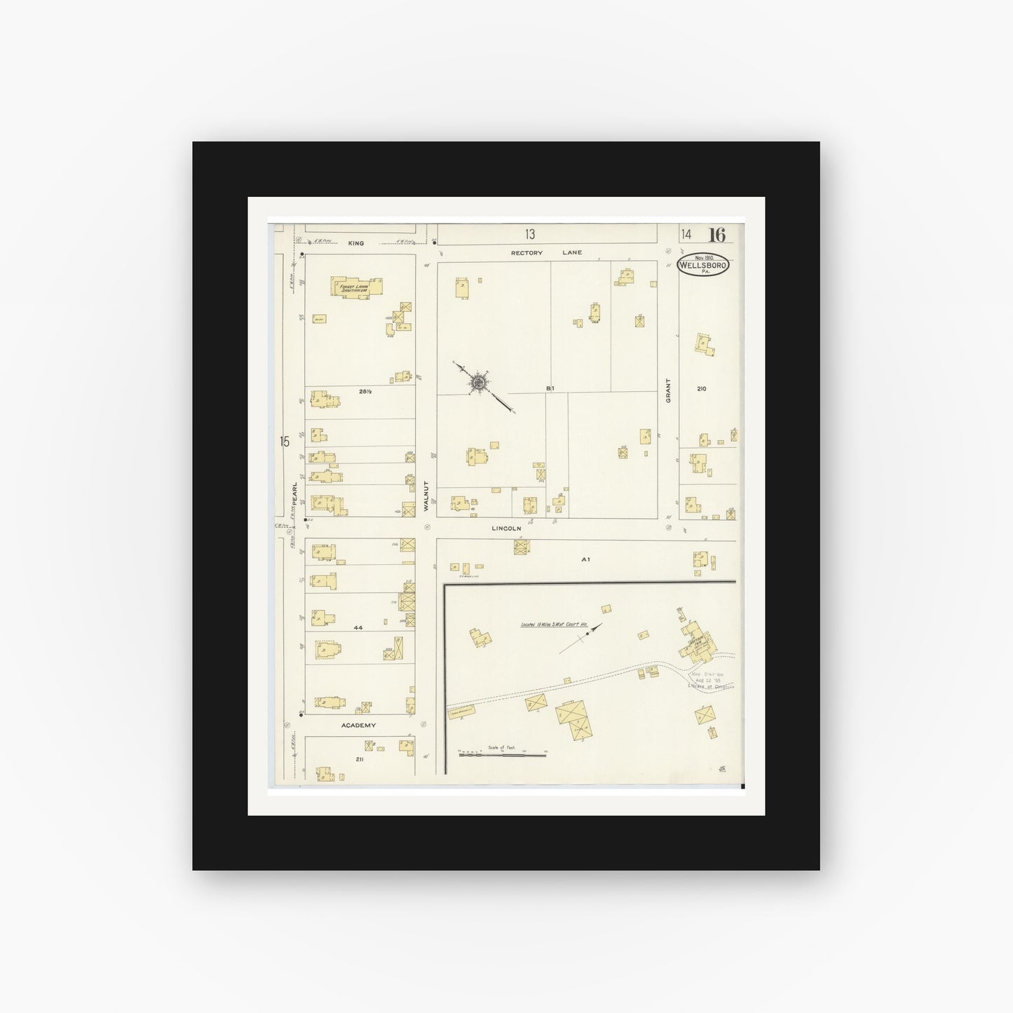 Old map wall art mockup — black gallery frame with white mat — Sanborn Fire Insurance Map from Wellsboro, Tioga County, Pennsylvania (1910), Sheet #0016