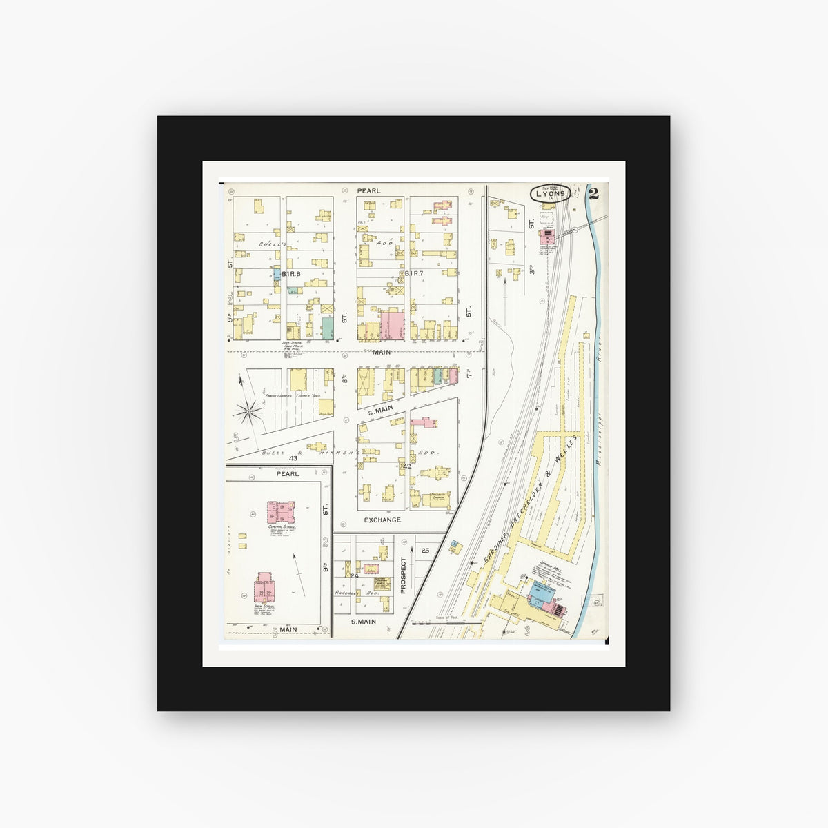 Old map wall art mockup — black gallery frame with white mat — Sanborn Fire Insurance Map from Lyons, Clinton County, Iowa (1892), Sheet #0002