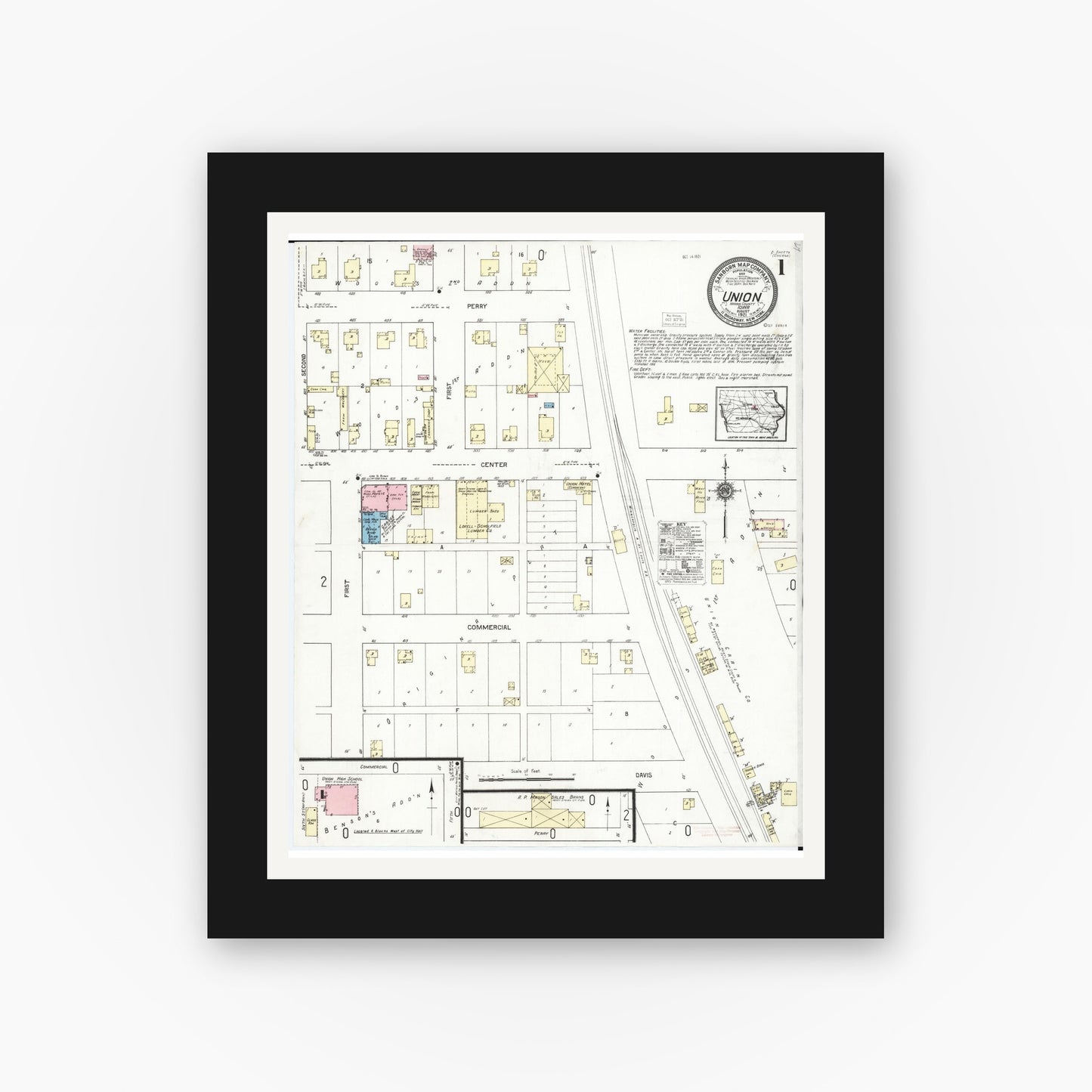 Old map wall art mockup — black gallery frame with white mat — Sanborn Fire Insurance Map from Union, Hardin County, Iowa (1921) — Complete Set