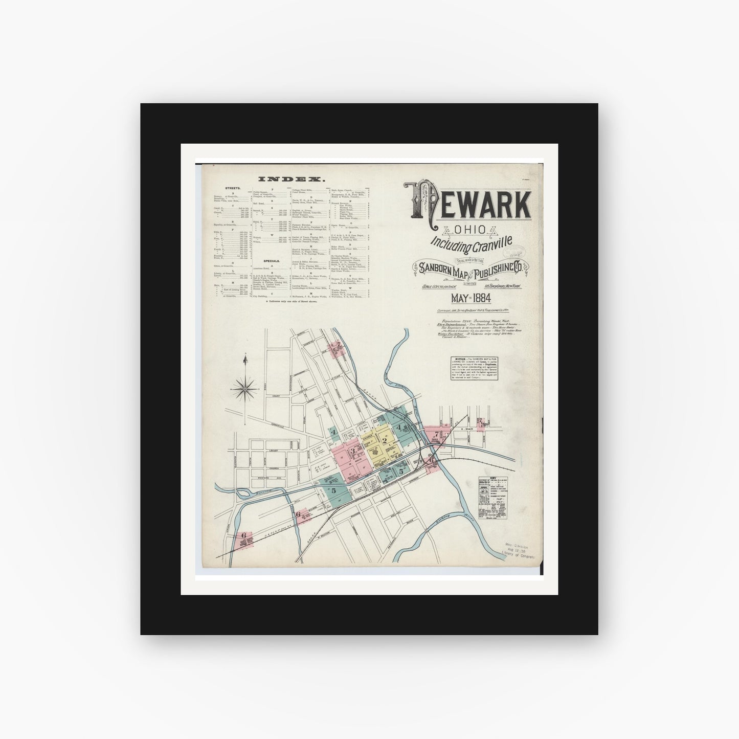 Old map wall art mockup — black gallery frame with white mat — Sanborn Fire Insurance Map from Newark, Licking County, Ohio (1884) - Complete Map Set
