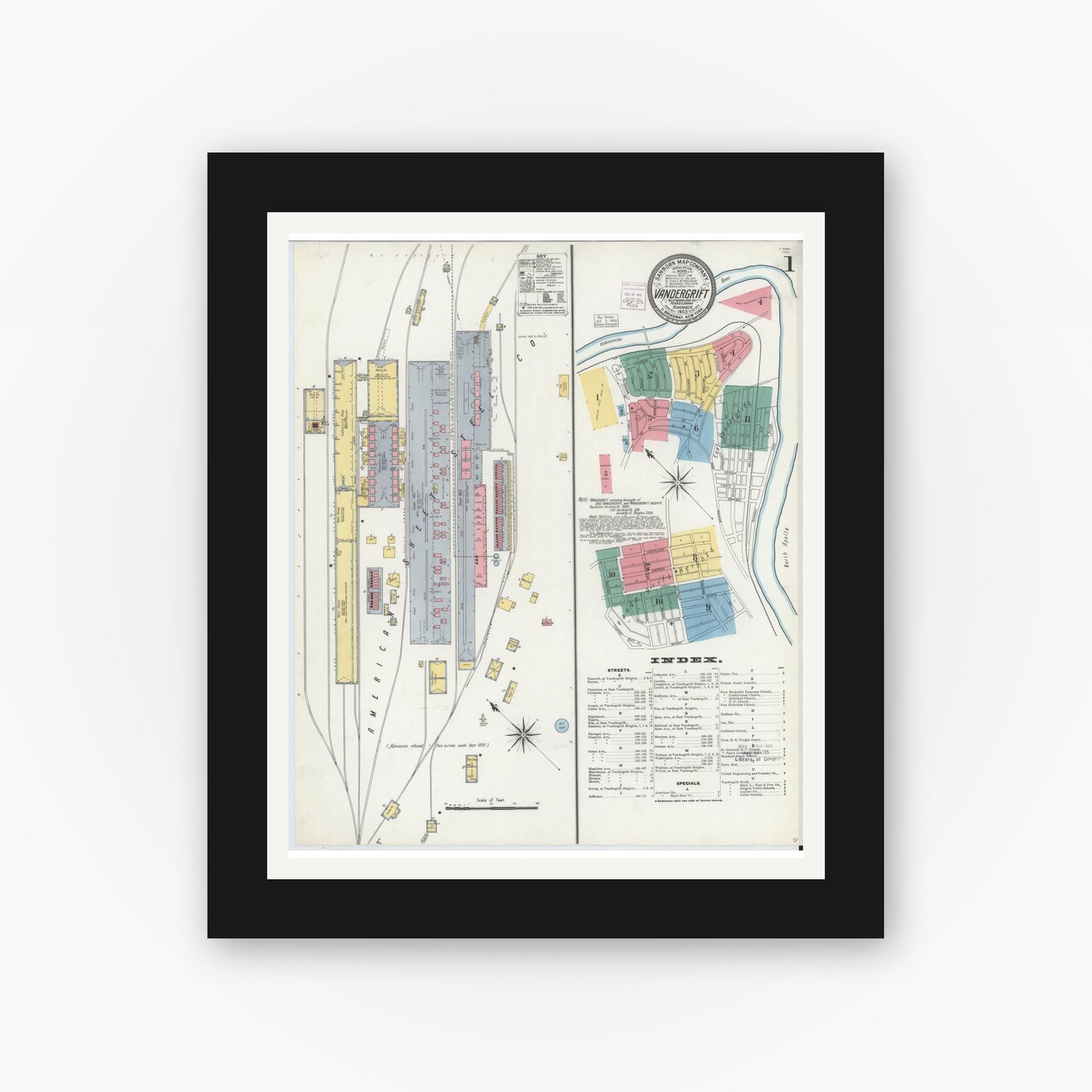 Old map wall art mockup — black gallery frame with white mat — Sanborn Fire Insurance Map from Vandergrift, Westmoreland County, Pennsylvania (1903), Sheet #0001