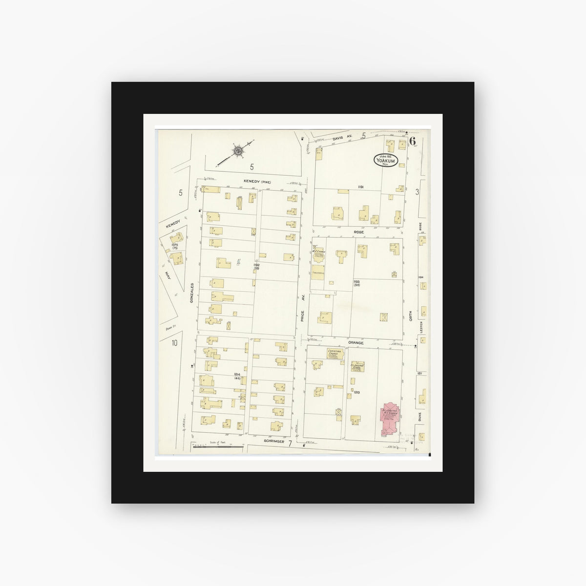 Old map wall art mockup — black gallery frame with white mat — Sanborn Fire Insurance Map from Yoakum, De Witt And Lavaca Counties, Texas (1912), Sheet #0006