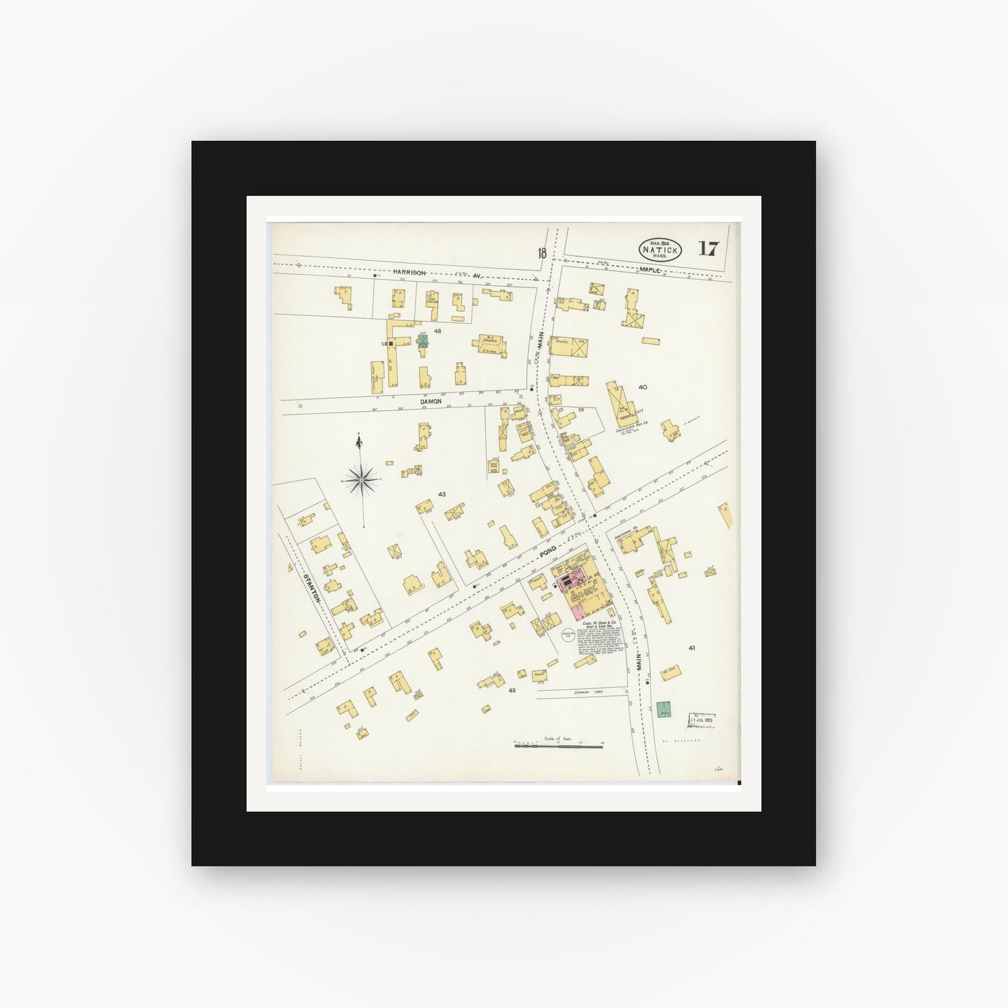 Old map wall art mockup — black gallery frame with white mat — Sanborn Fire Insurance Map from Natick, Middlesex County, Massachusetts (1904), Sheet #0017
